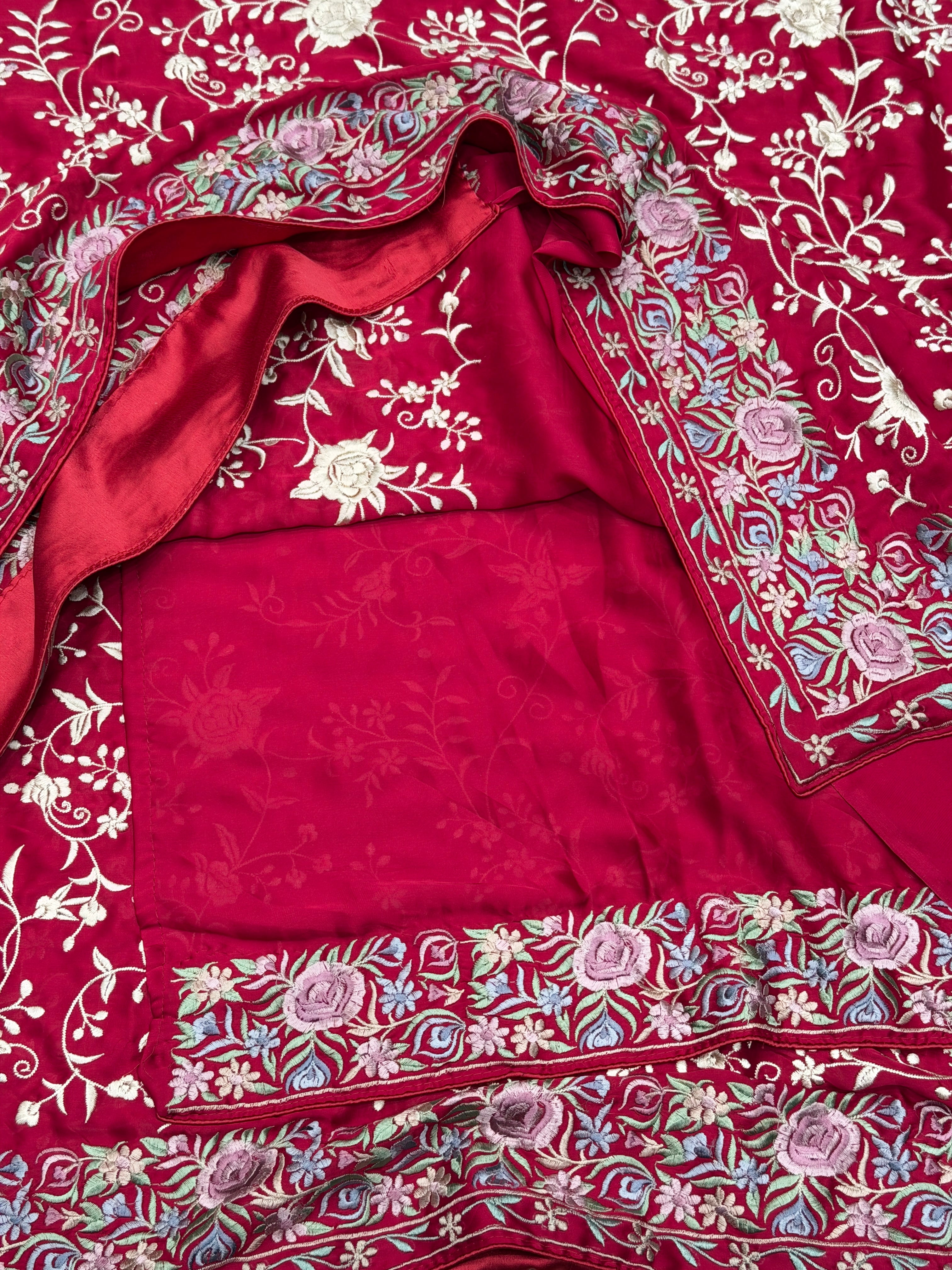 Crimson Crepe Floral Multi Resham Border Parsi Gara Saree