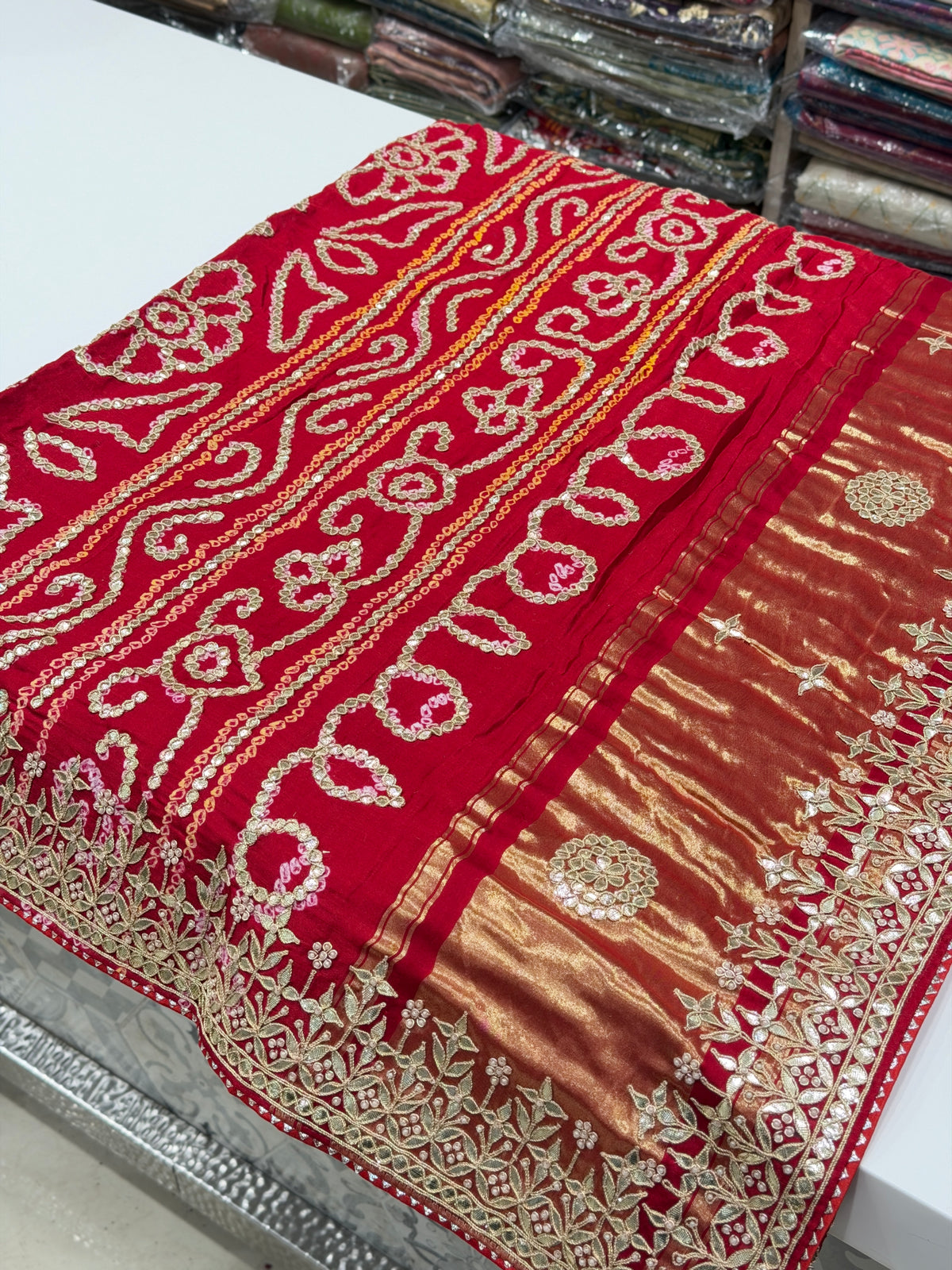 Red Gajji Silk Gharchola Rai Bandhej Gotapatti Marodi Hand Embroidery Saree