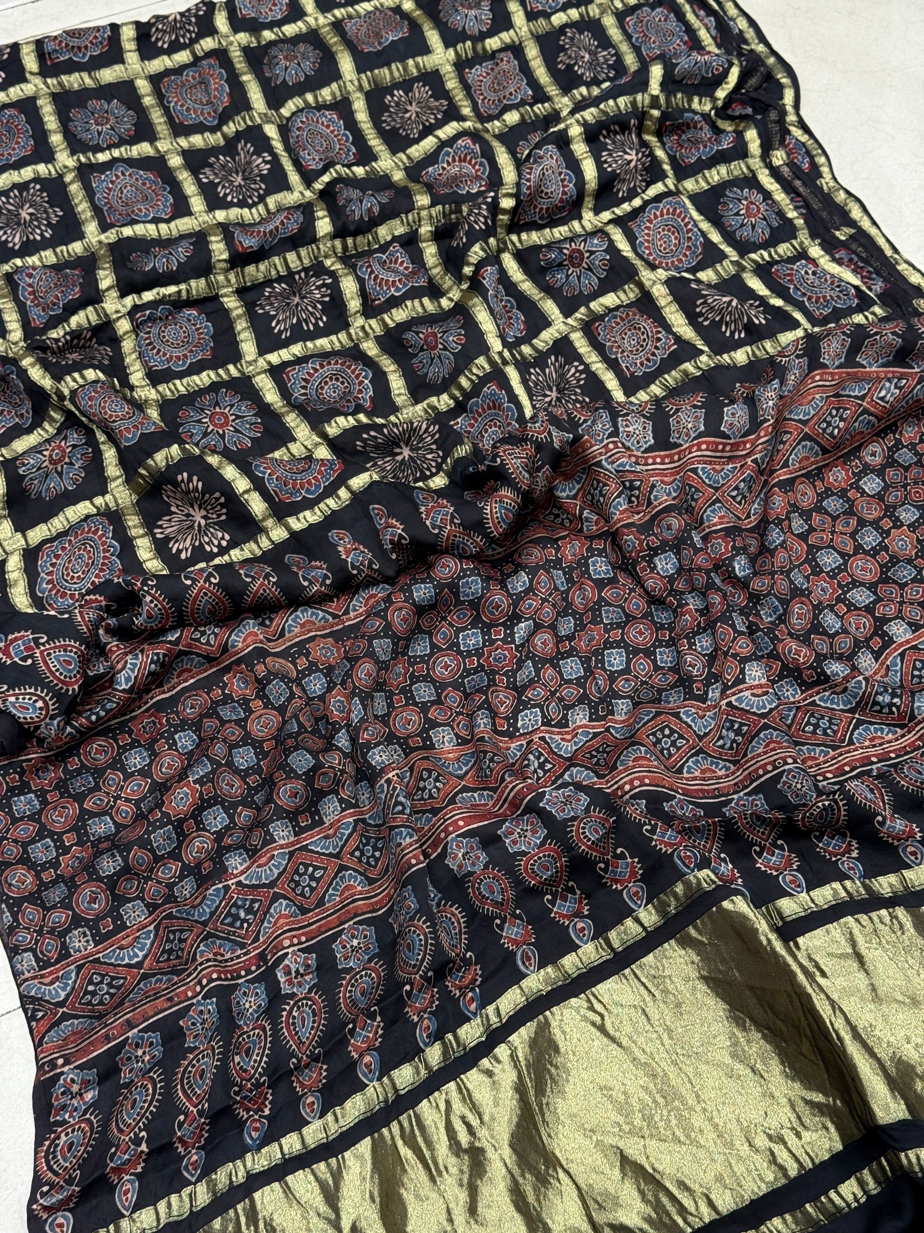 Black Ajrakh Lagdi Pata Gharchola Style Saree