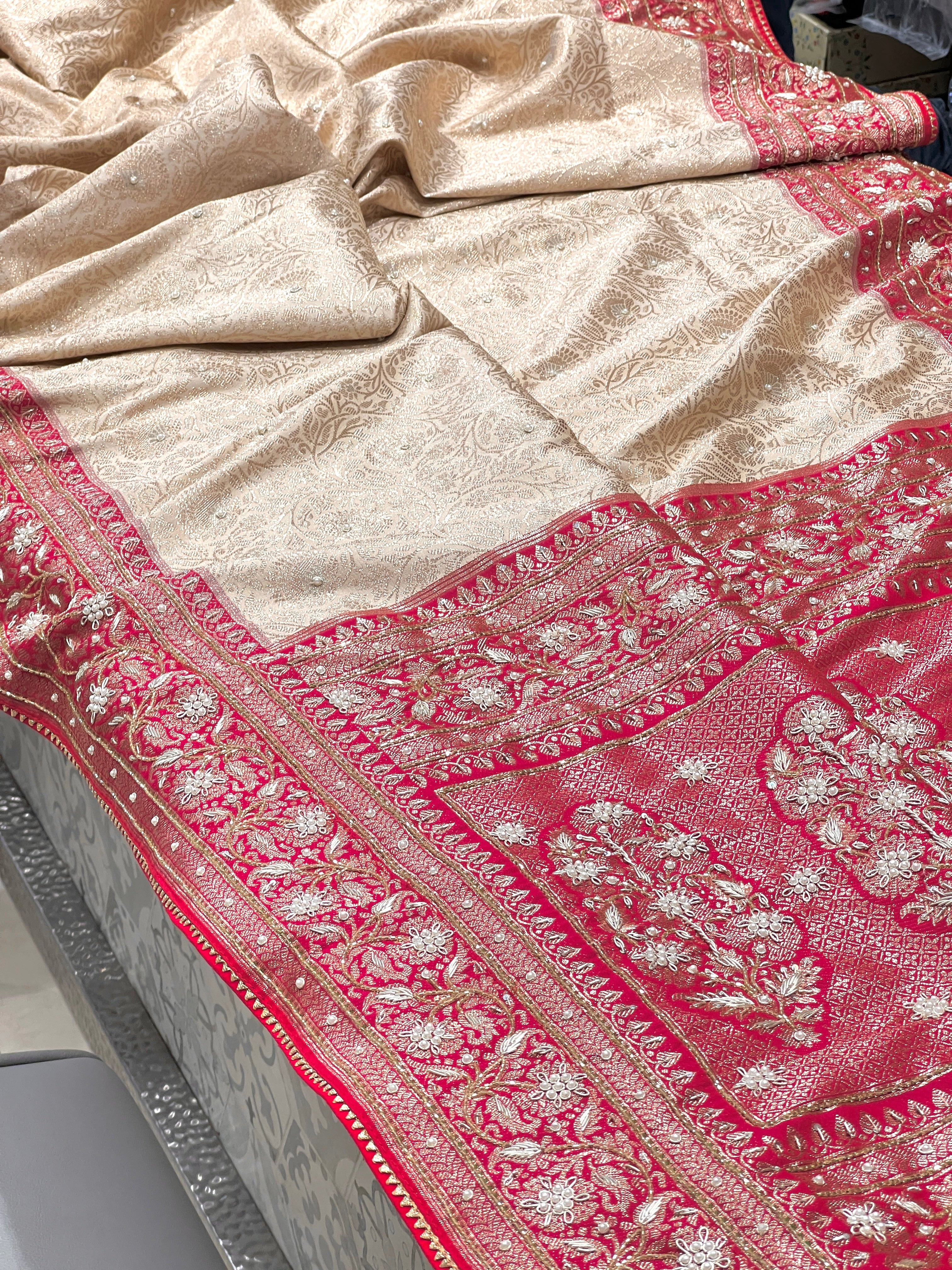 Beige Banarasi Reddish Pink Border Hand Embroidery Saree
