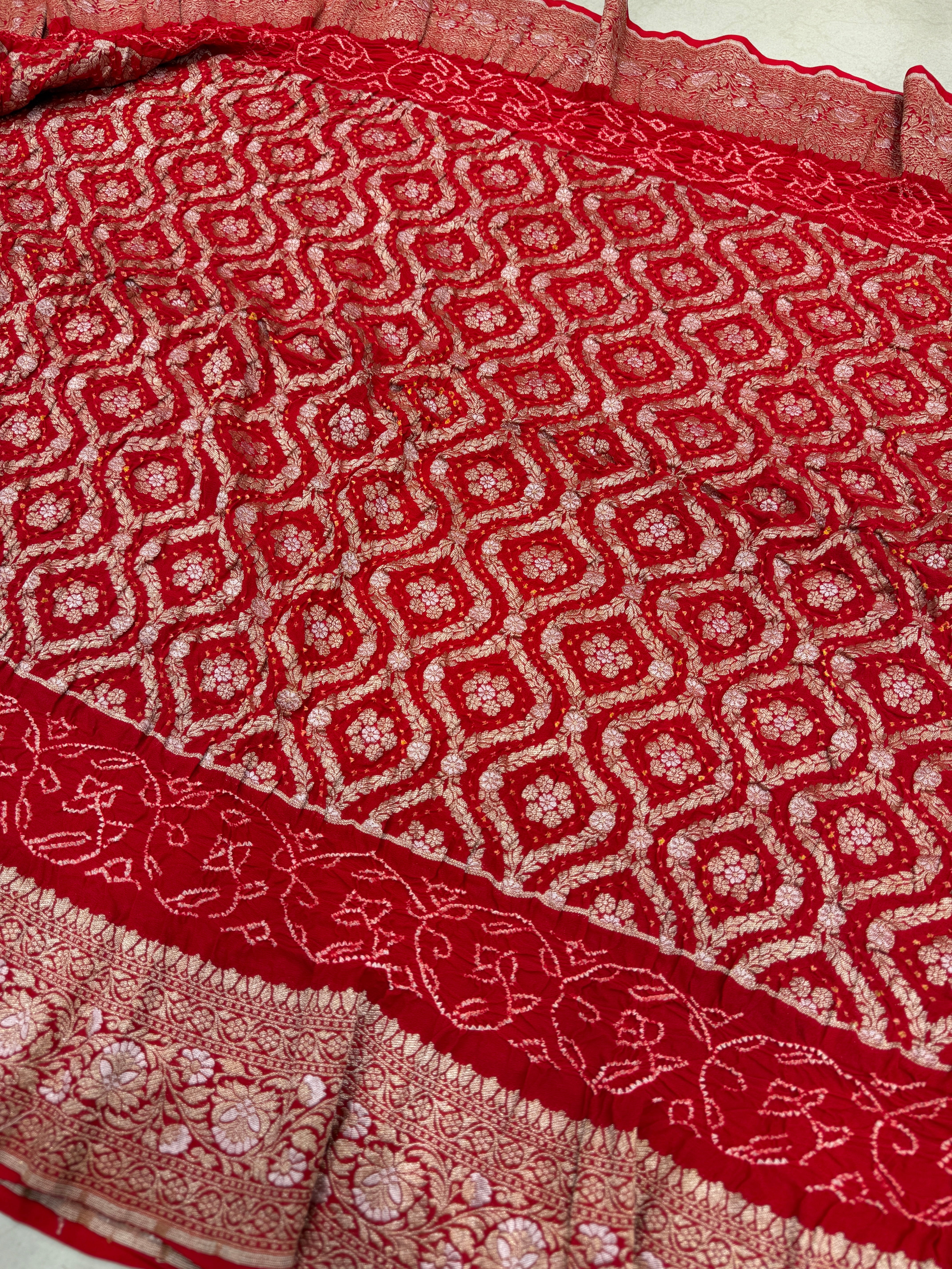 Red Sona Roopa Double Border Rai Bandhej Georgette Bandhini Saree