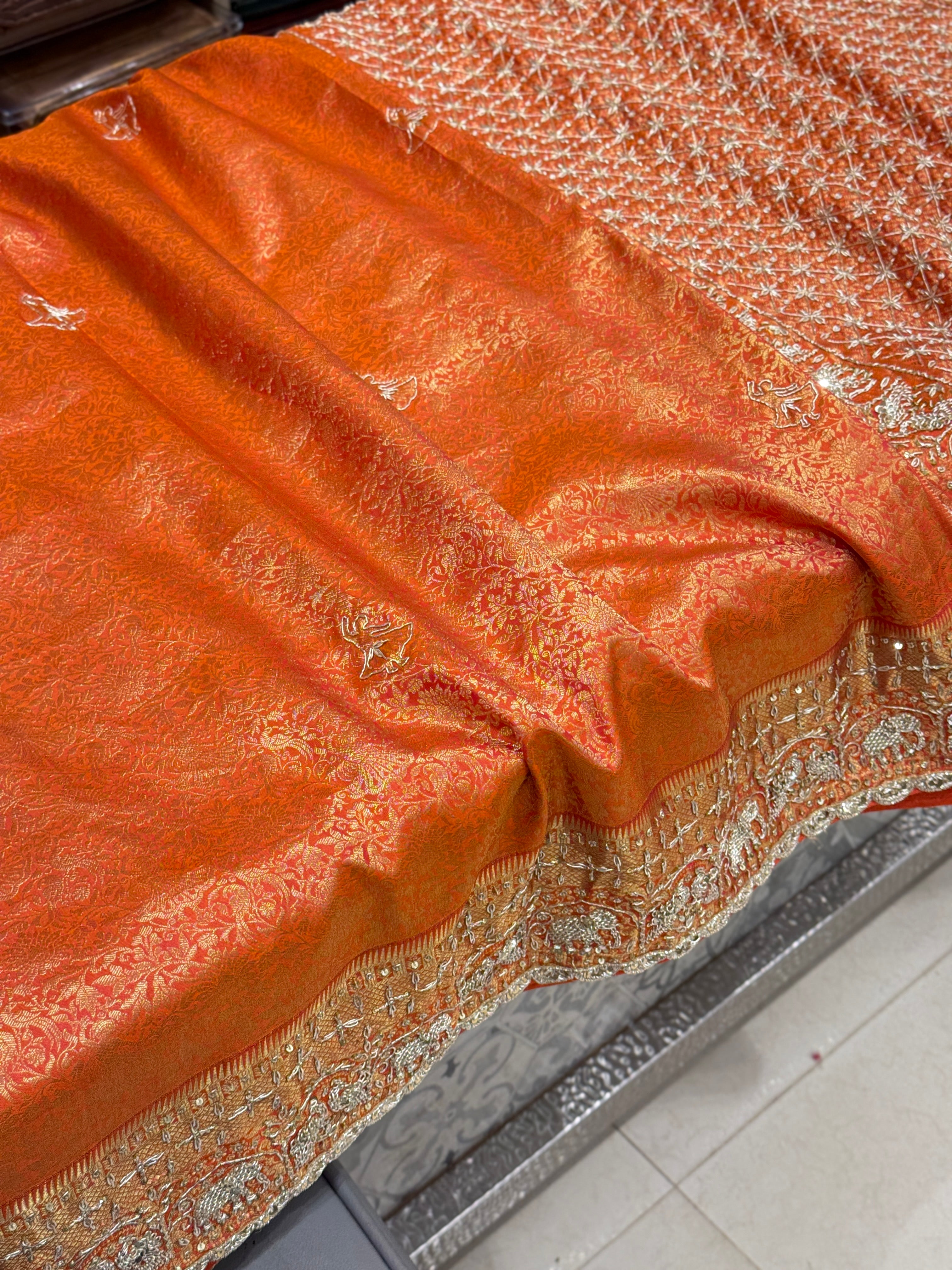 Orange Kanjivaram Peacock Motif Zardozi Hand Embroidery Saree