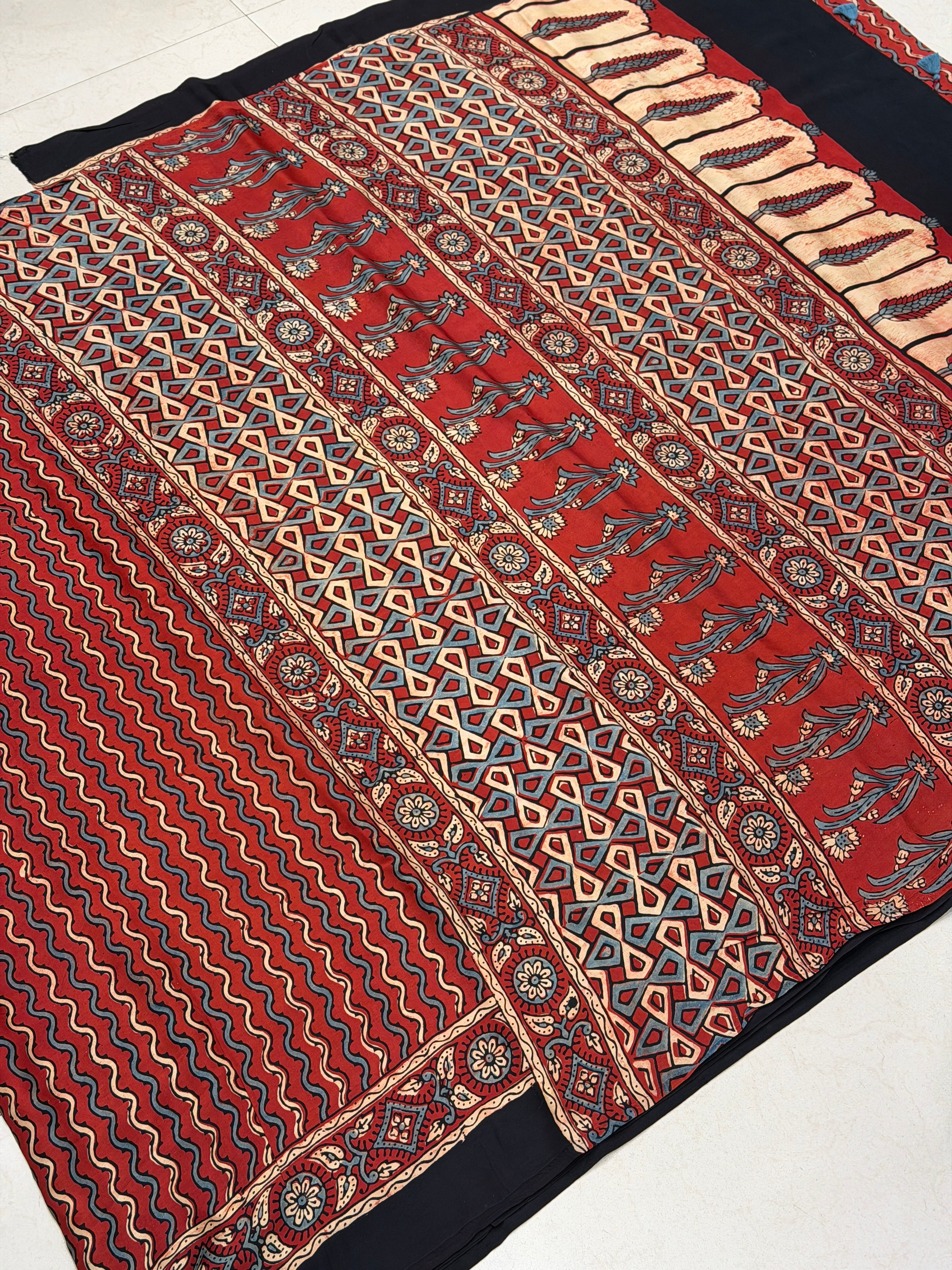 Red Squiggly Lines Ajrakh Hand Block Print Pure Modal Silk Saree