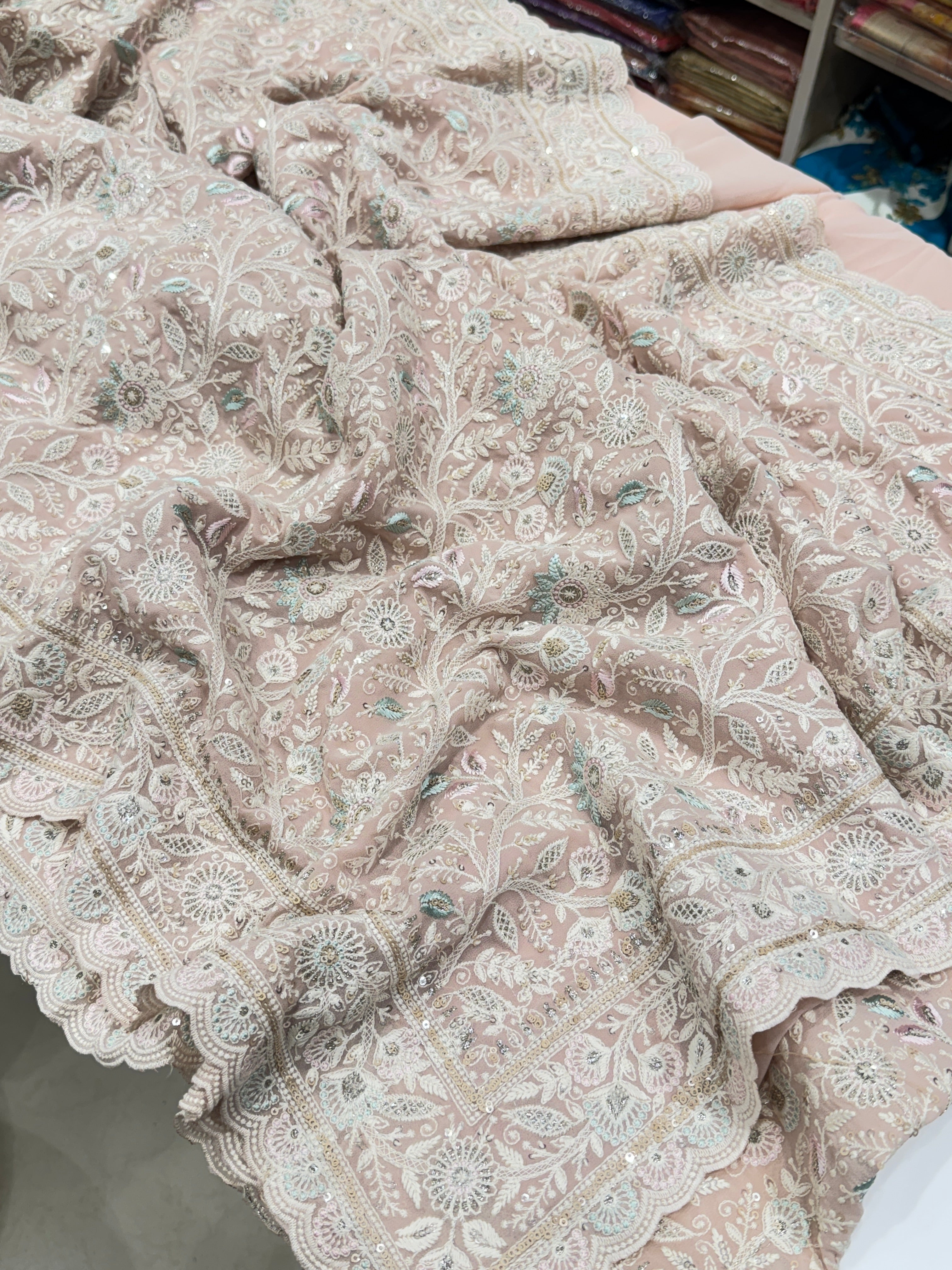 Nude Pink Meenakari Chikankari Scallop Design Saree
