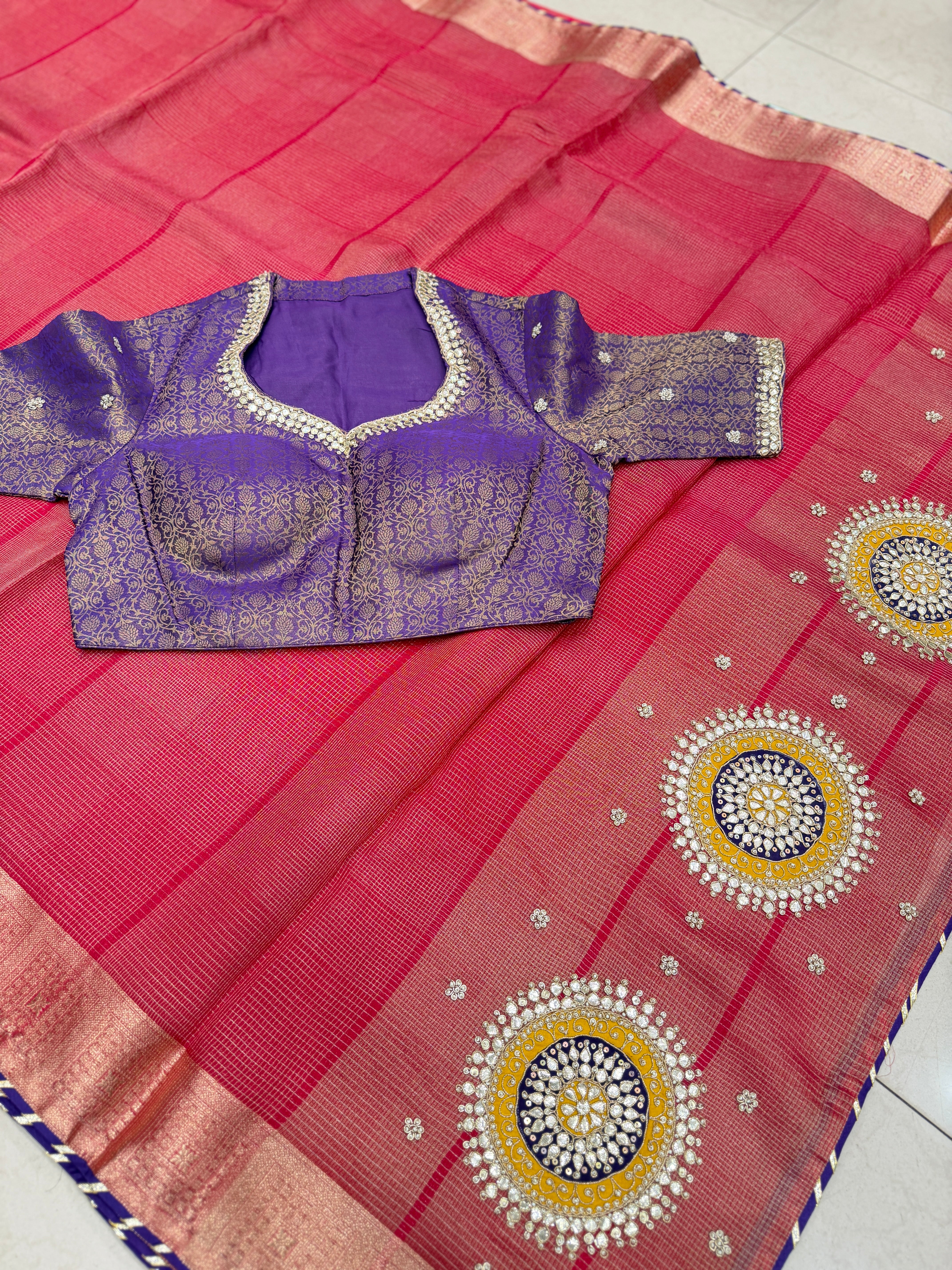 Pink Contemporary Tissue Saree With Gotapatti Patch Ready Blouse