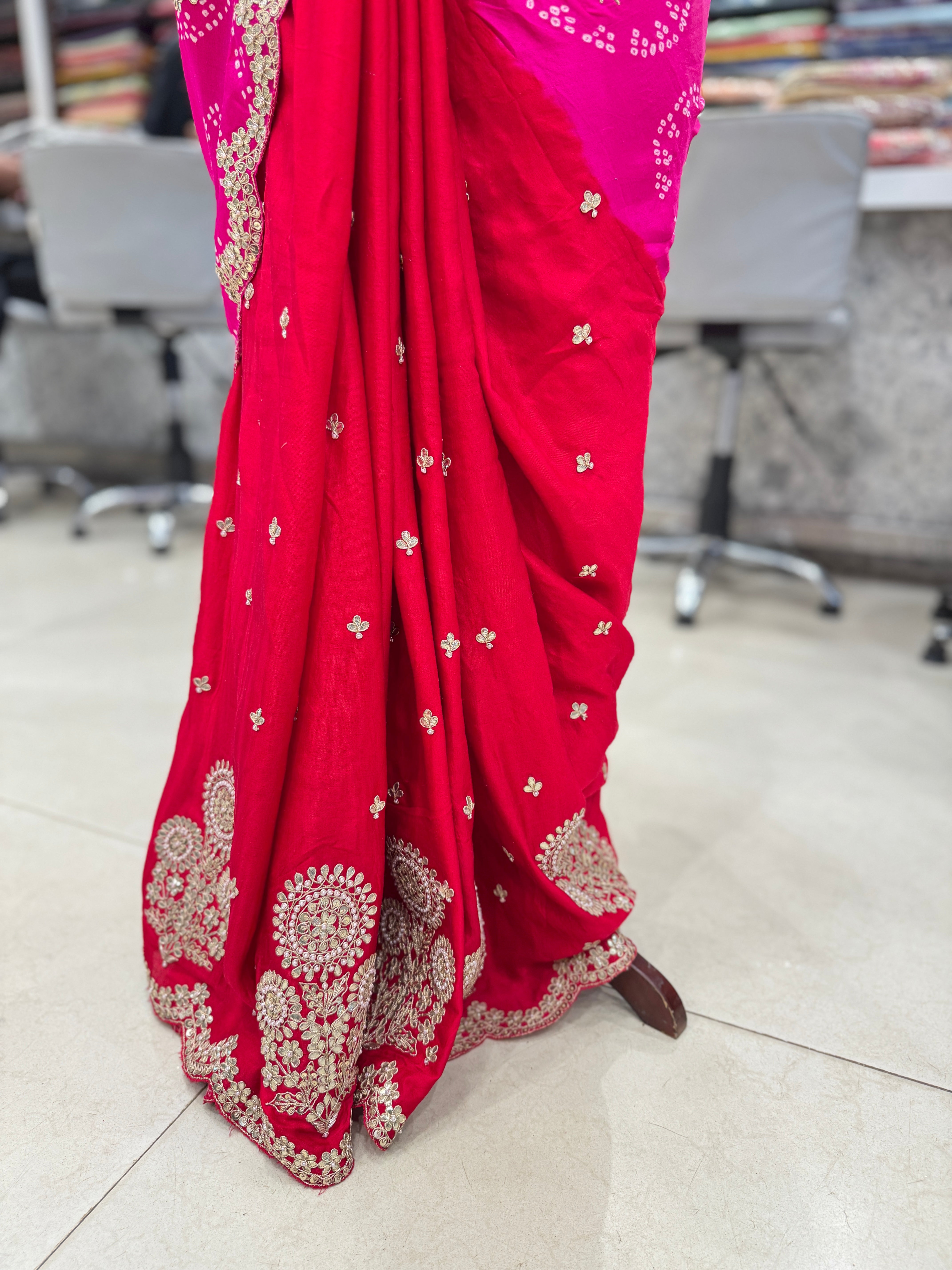 Rani Red Gajji Silk Bandhej Marodi Gotapatti Saree