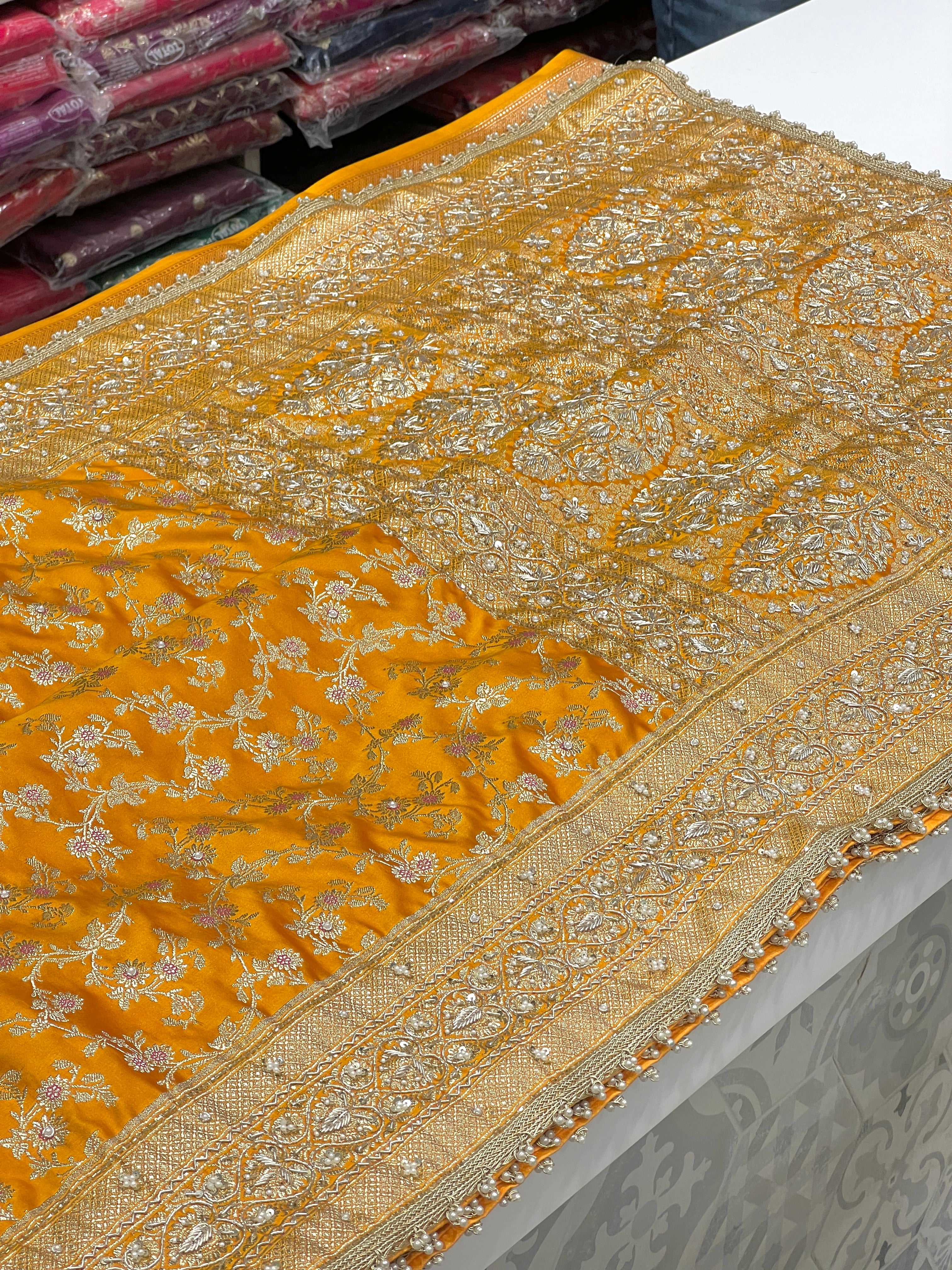 Mango Yellow Banarasi Hand Embroidery Saree