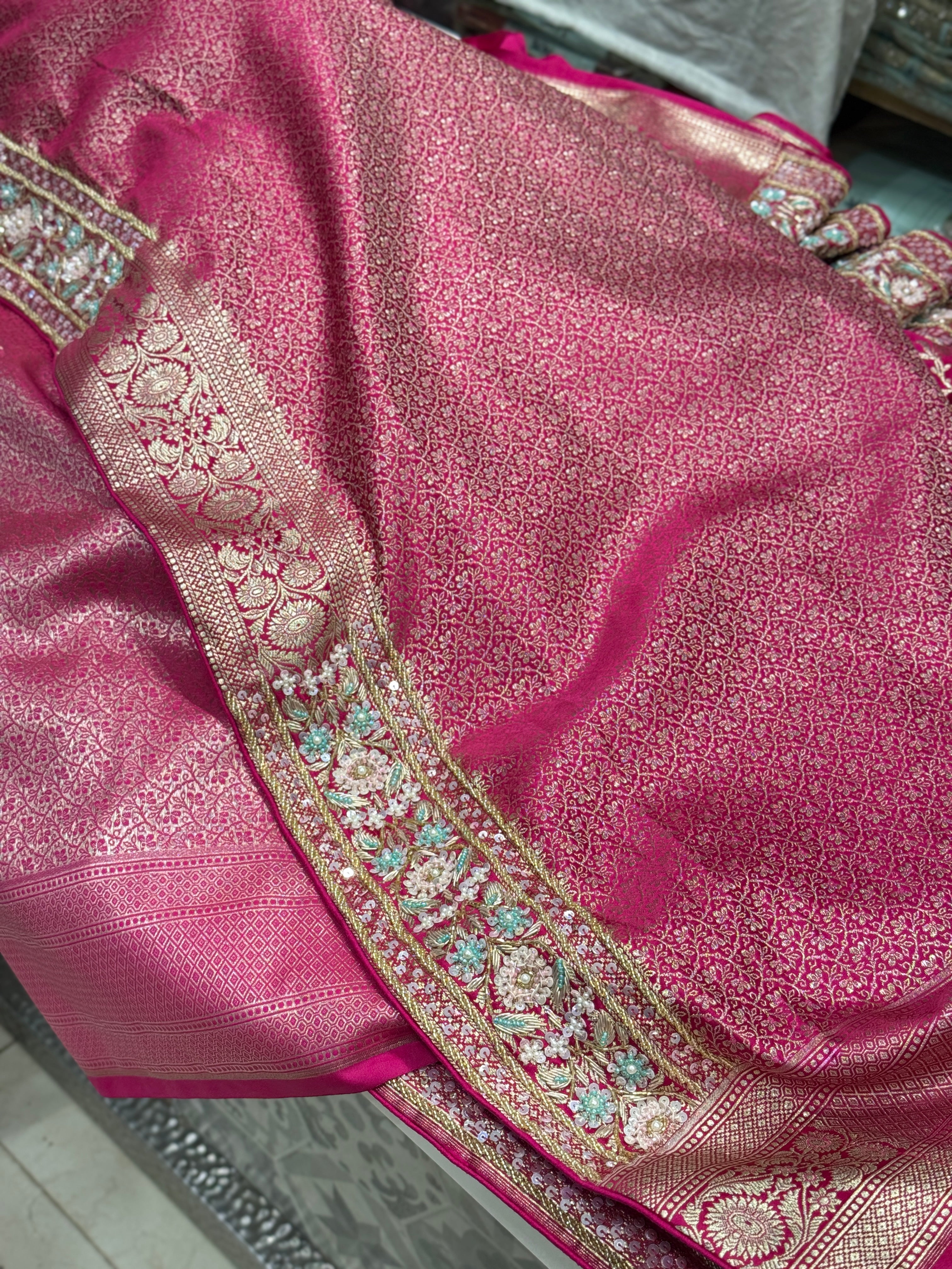 Rani Pink Banarasi Hand Embroidery Saree