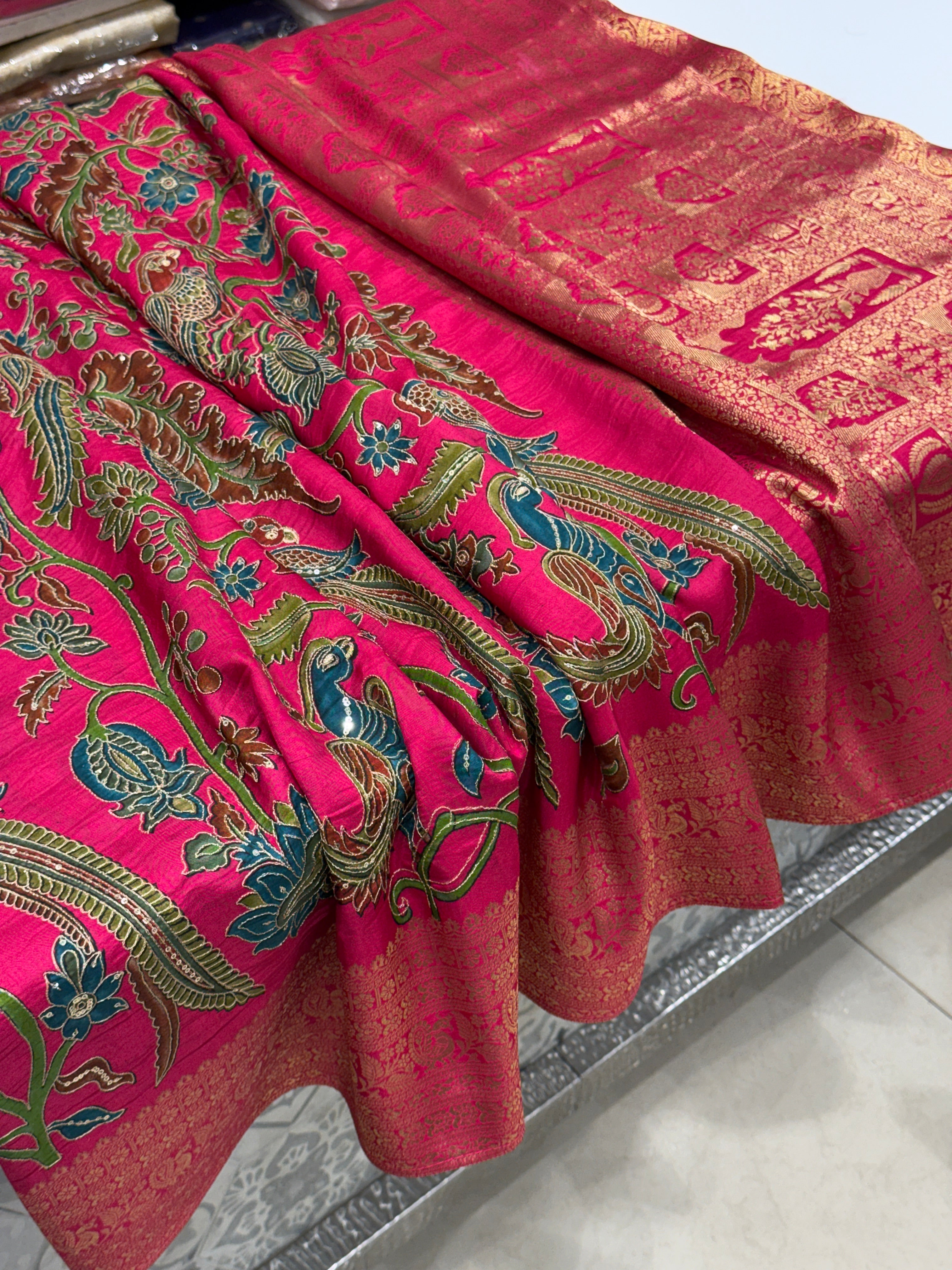 Rani Kalamkari Weave Banarasi Munga Pita Embroidery Saree