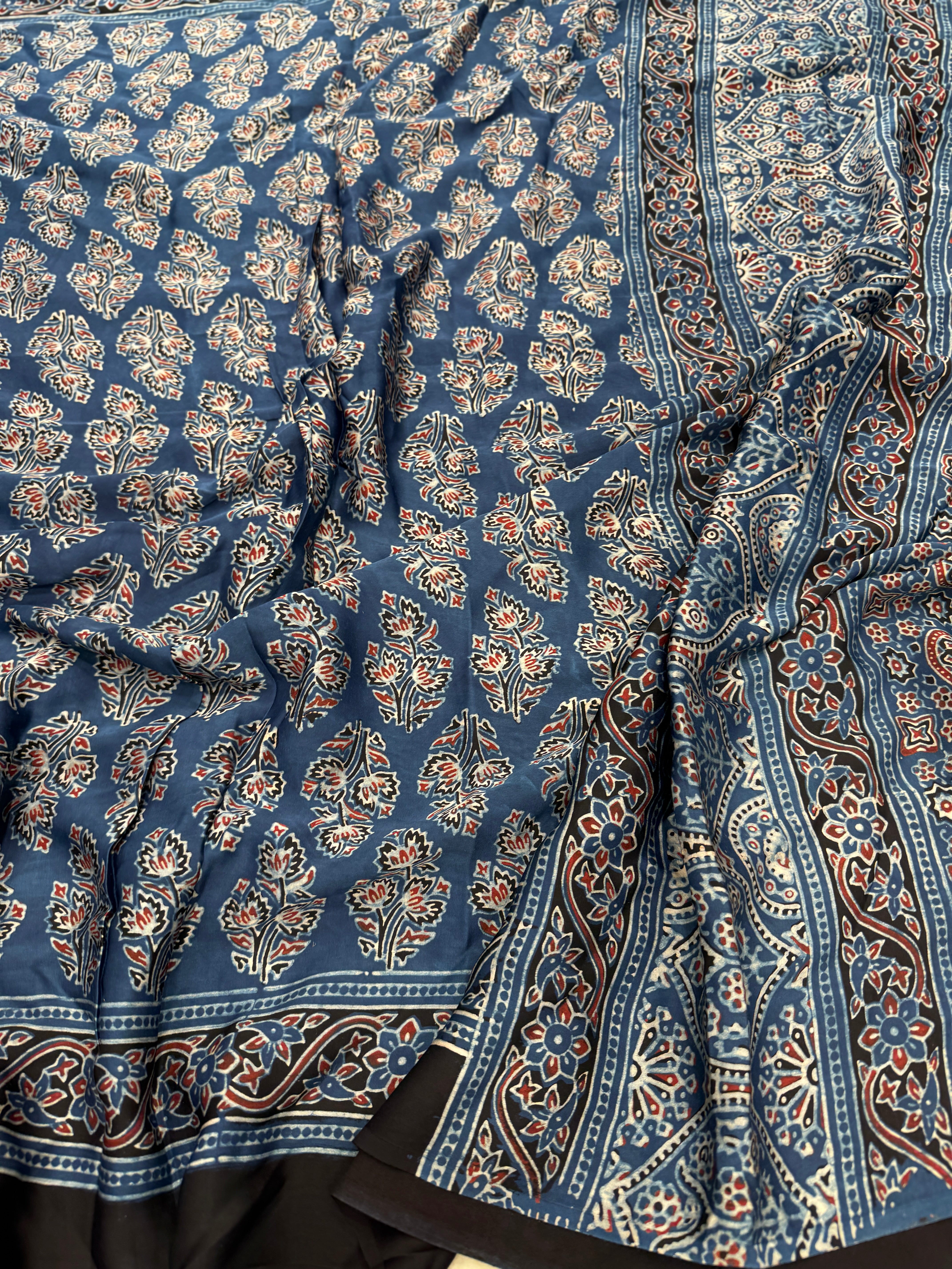Blue Tree Butta Ajrakh Hand Block Print Pure Gajji Silk Saree