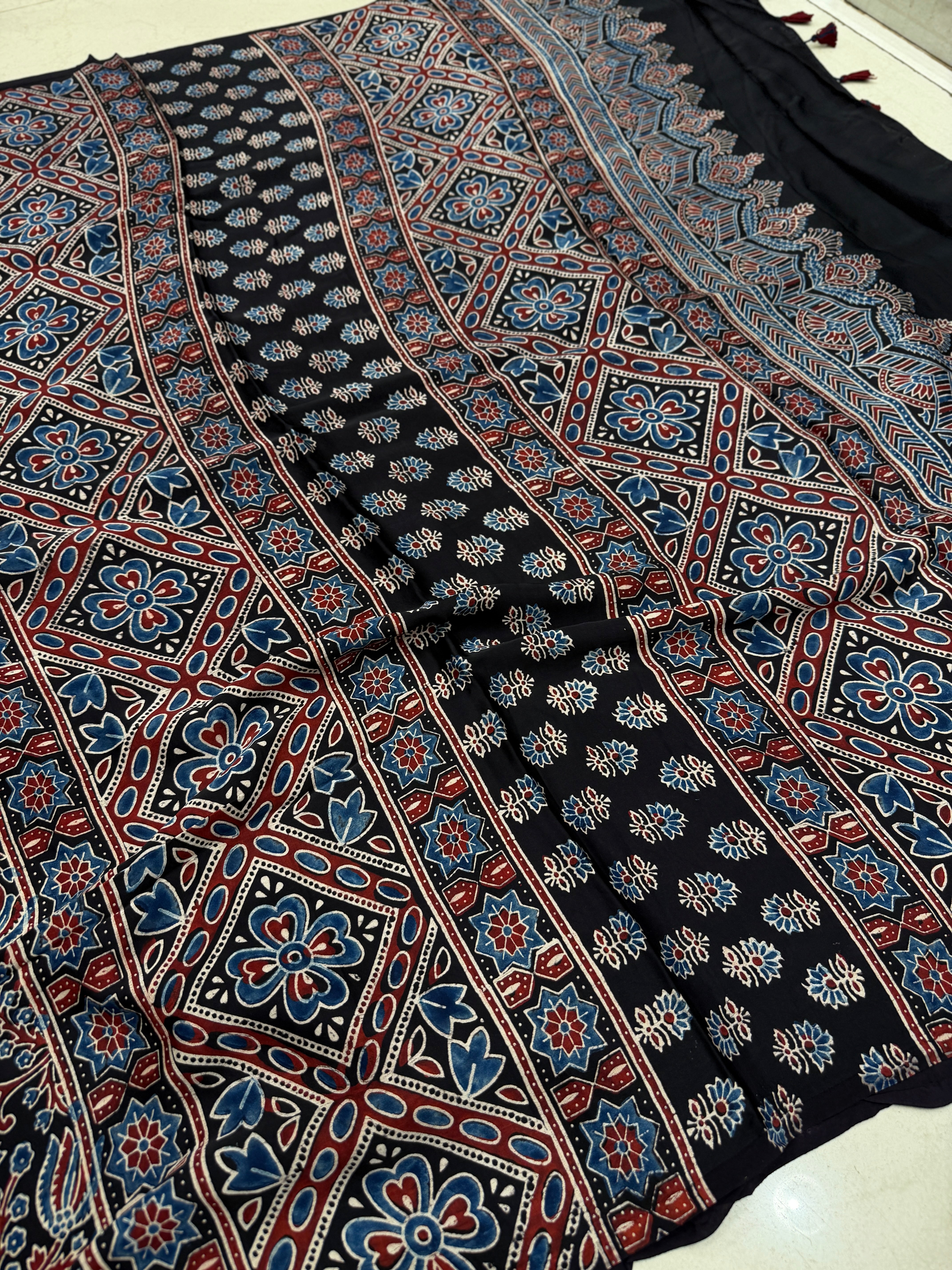 Black Floral Jaal Ajrakh Hand Block Print Pure Modal Silk Saree