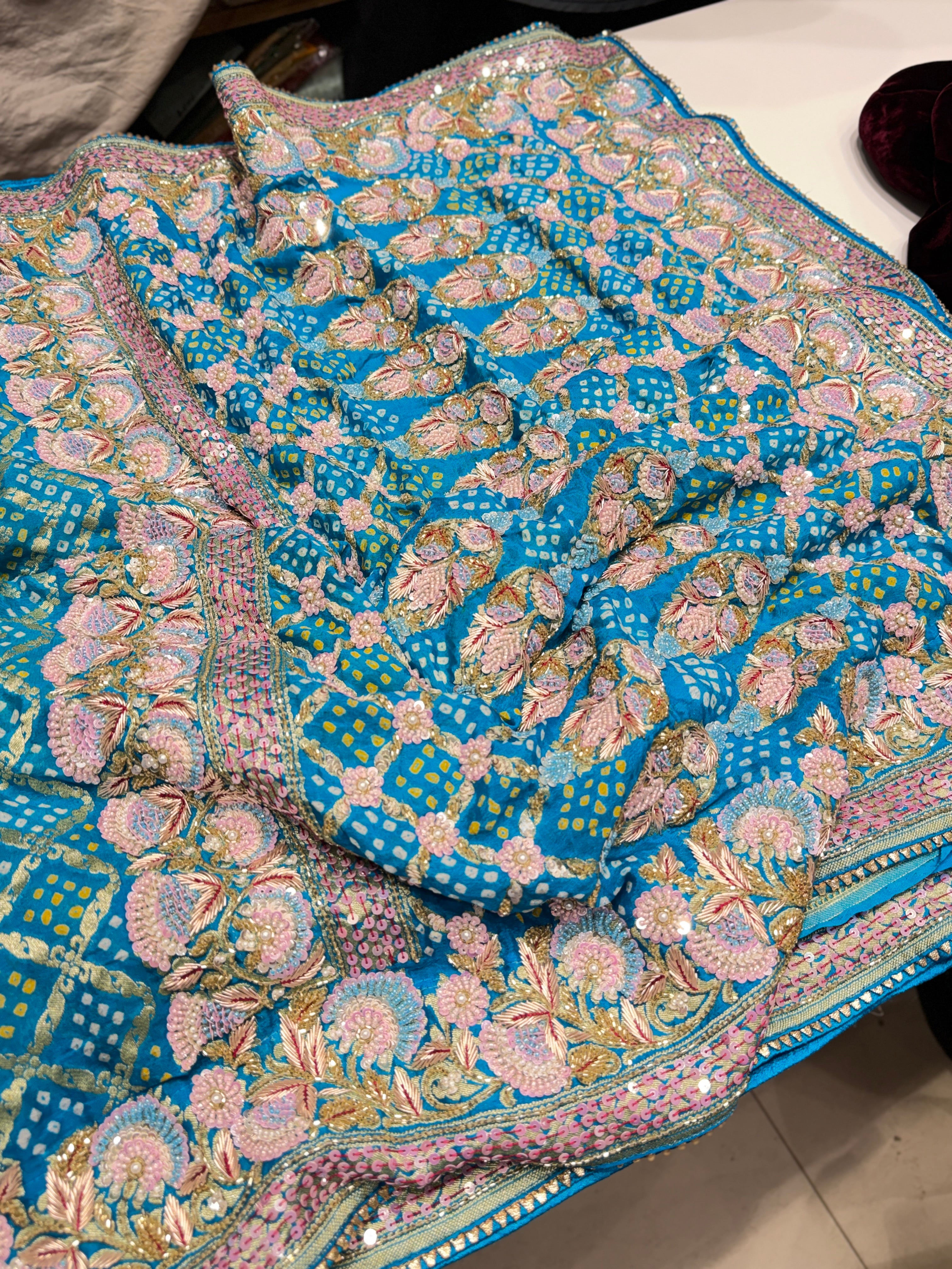 Jhanvi Kapoor Inspired Shaded Green Hand Embroidery Bandhej Saree