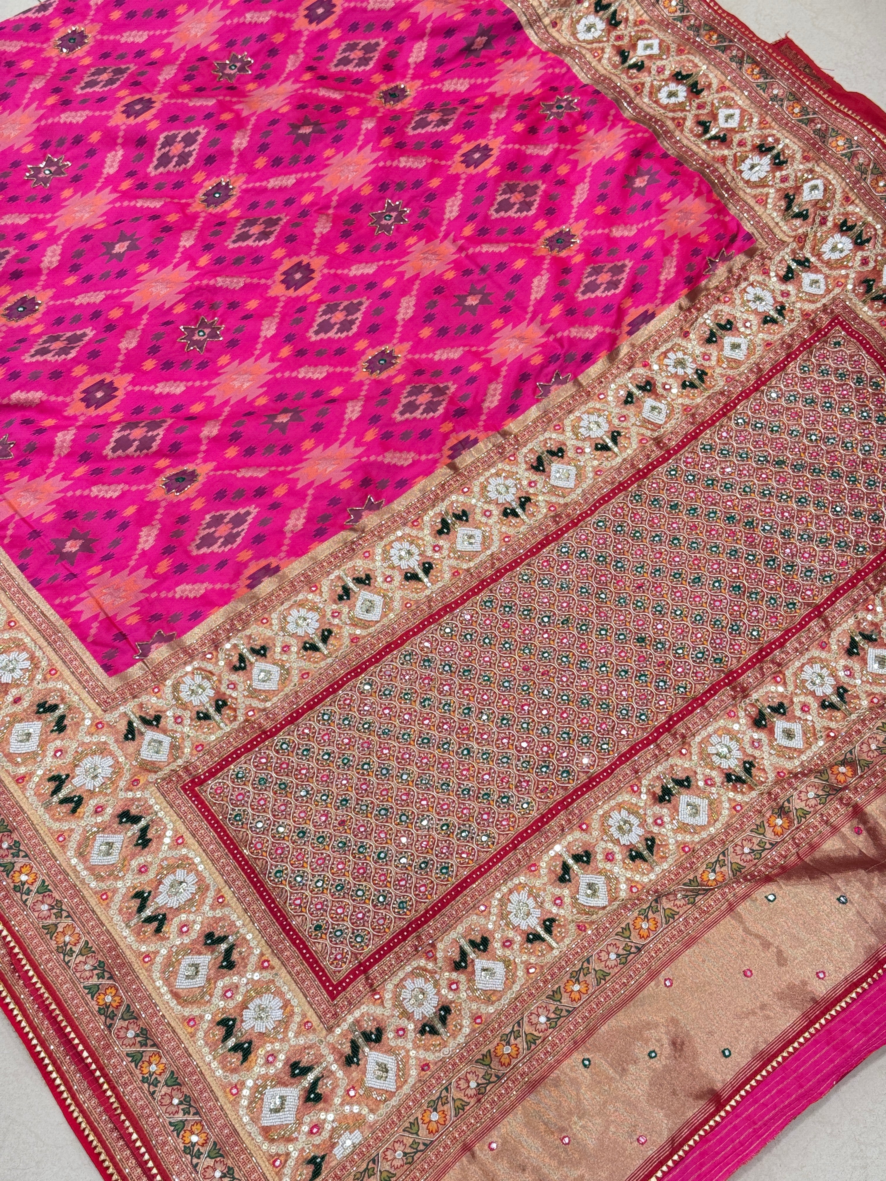 Rani Patola Kutchi Moti Embroidery Saree