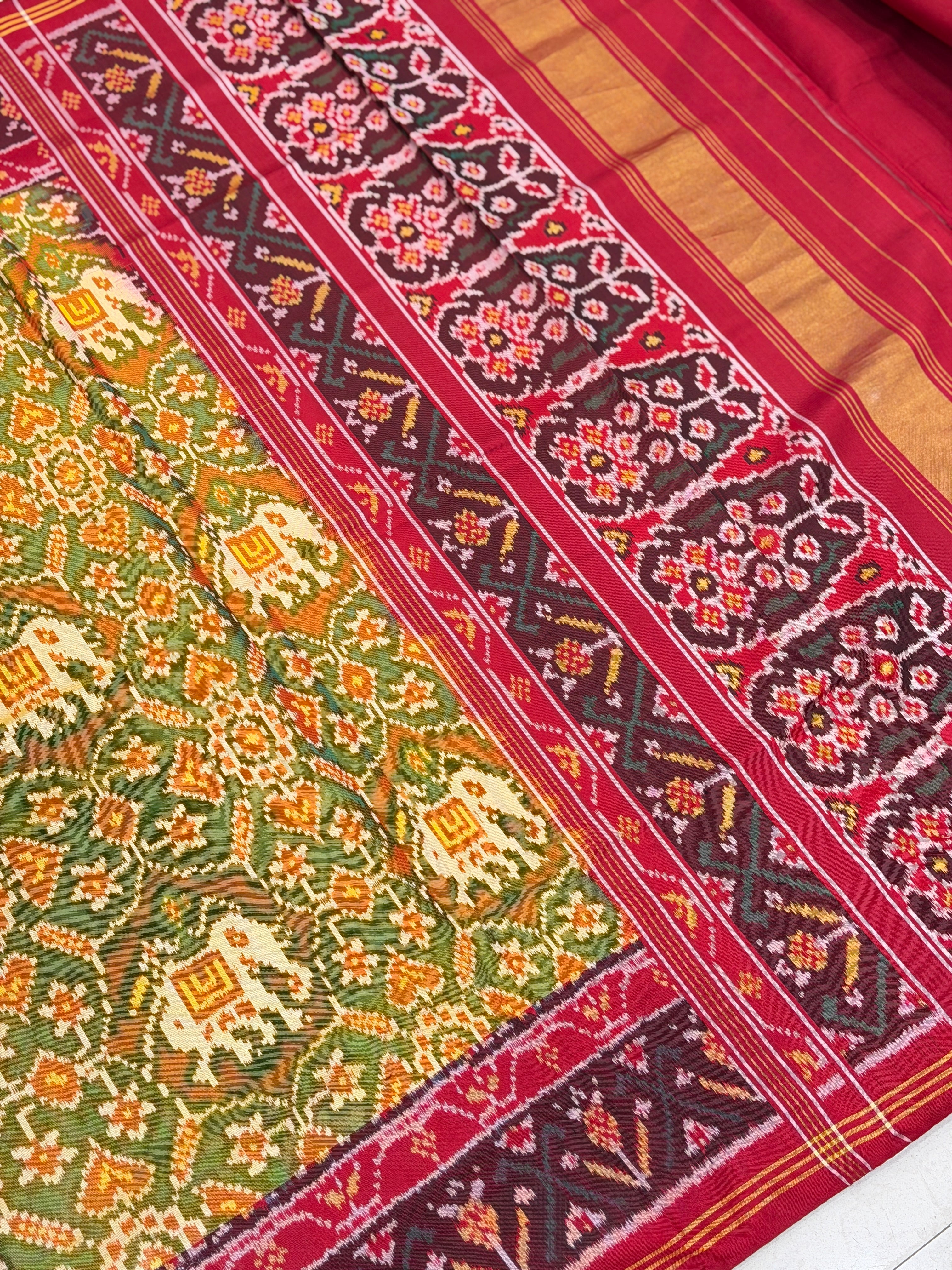 Yellow Red Navratna With Elephant Motifs Patan Patola Handloom Saree