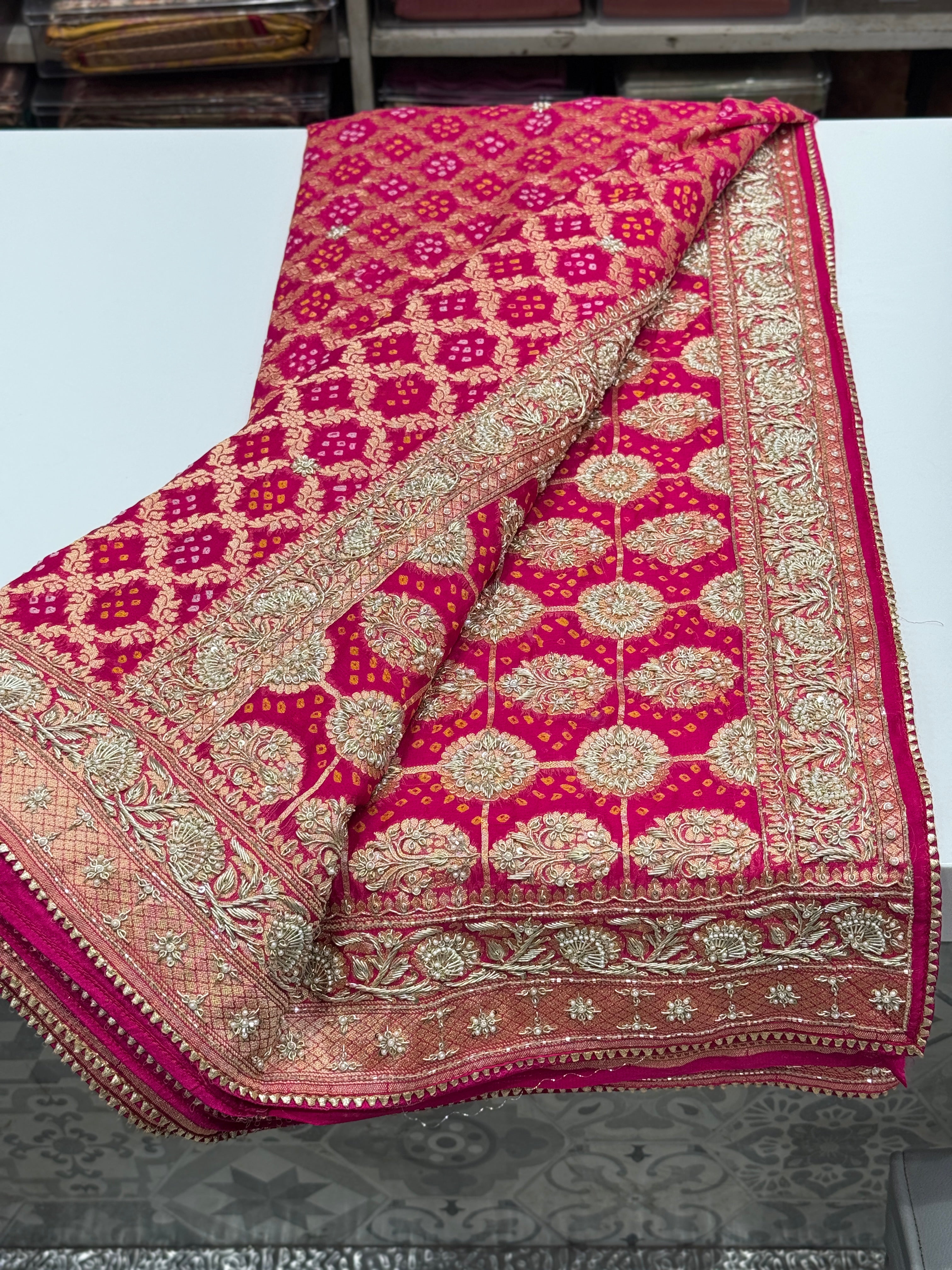 Rani Bandhej Zardosi Hand Embroidery Saree