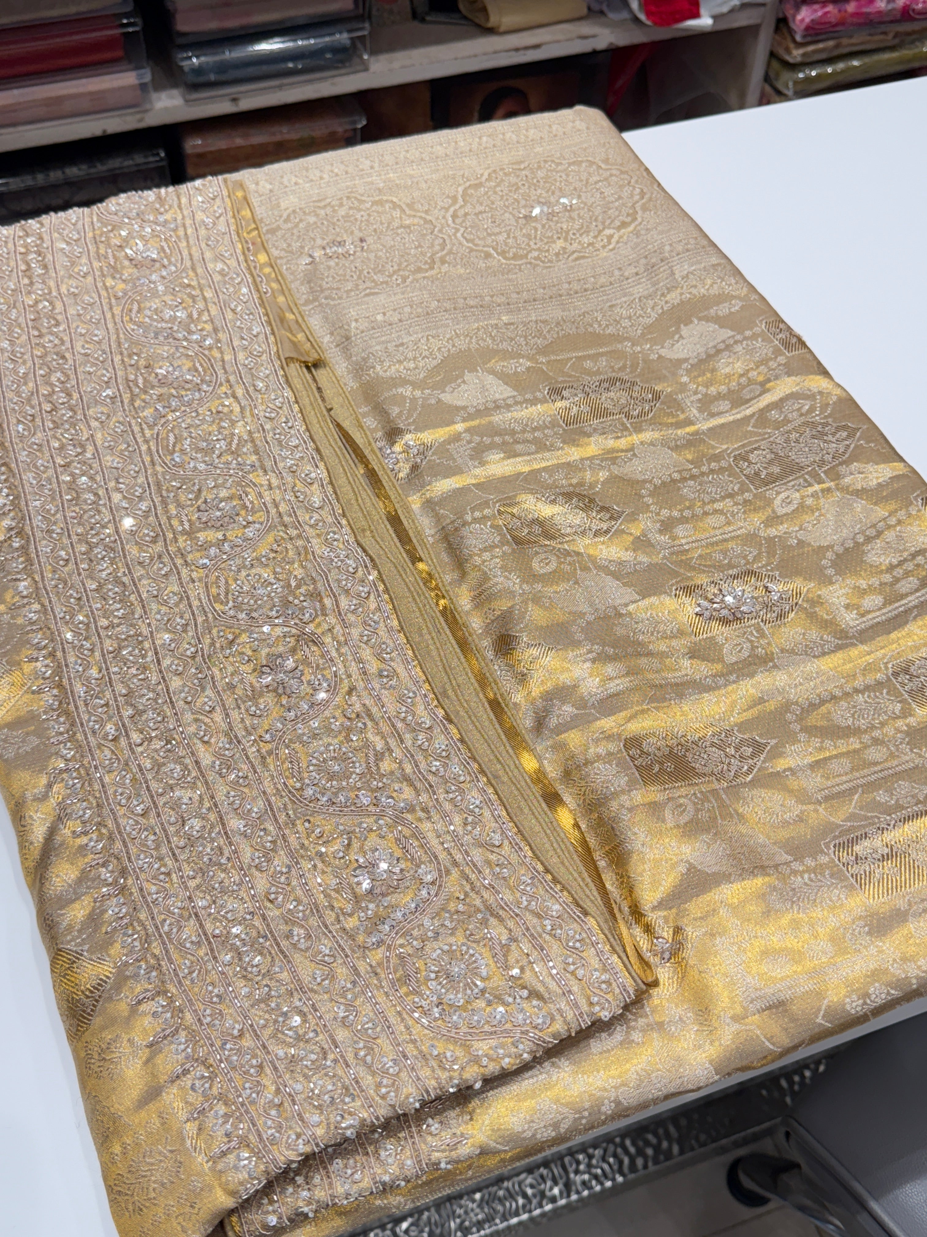 Gold Tissue Zardosi Moti Kanjivaram Hand Embroidery Saree