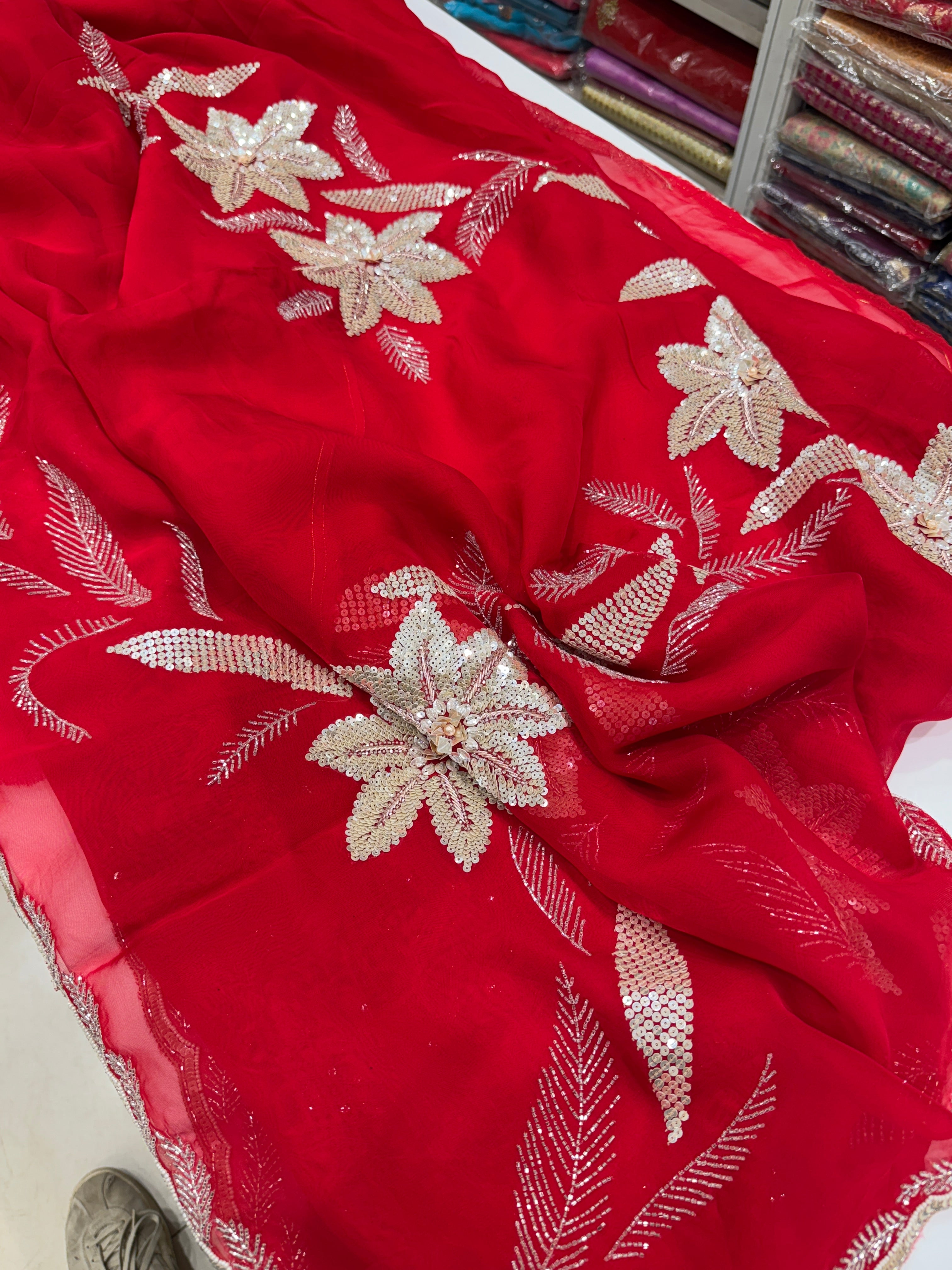 Red Satin Organza Floral Embroidery Saree