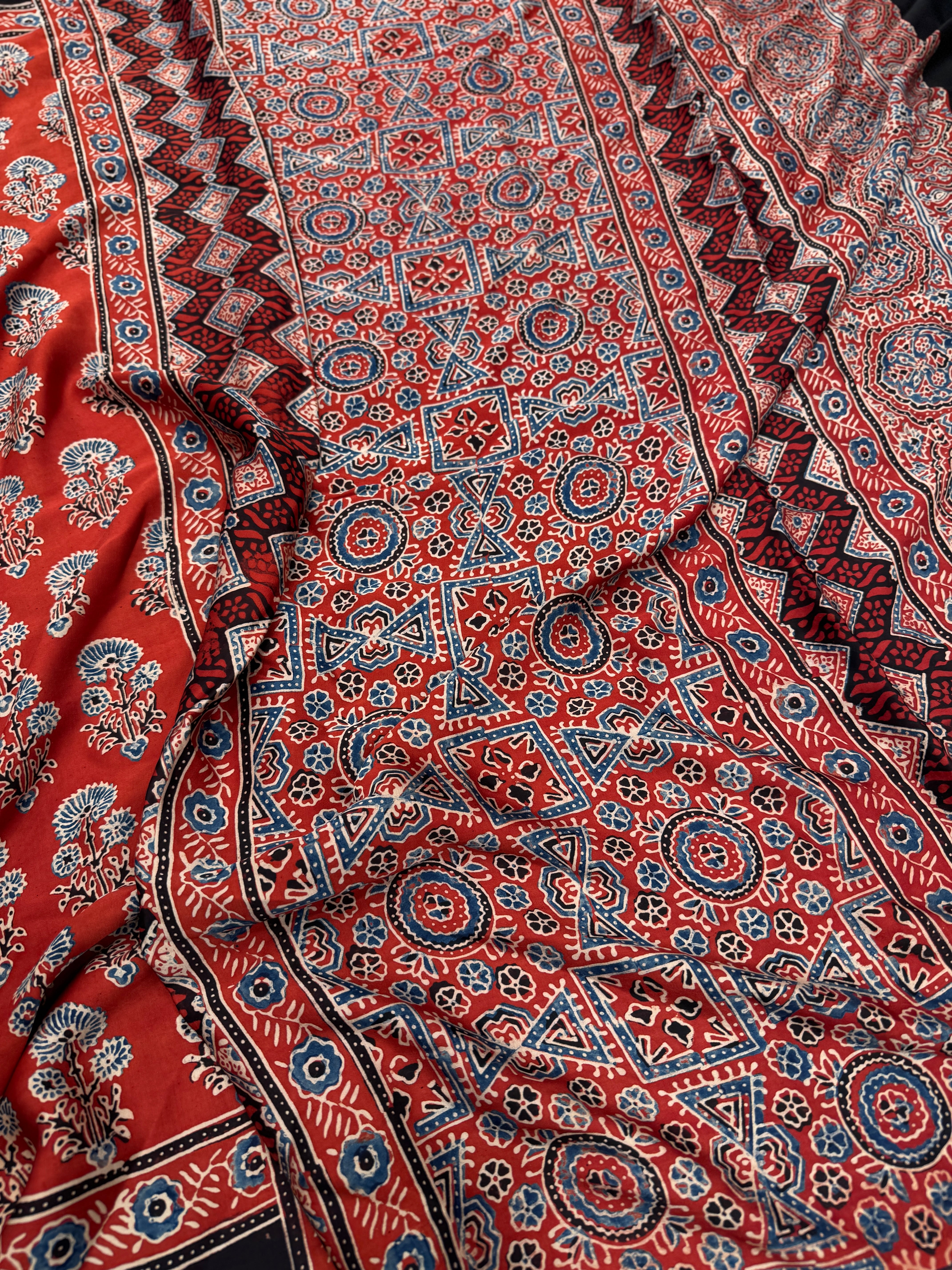 Red Floral Butta Ajrakh Hand Block Print Pure Gajji Silk Saree
