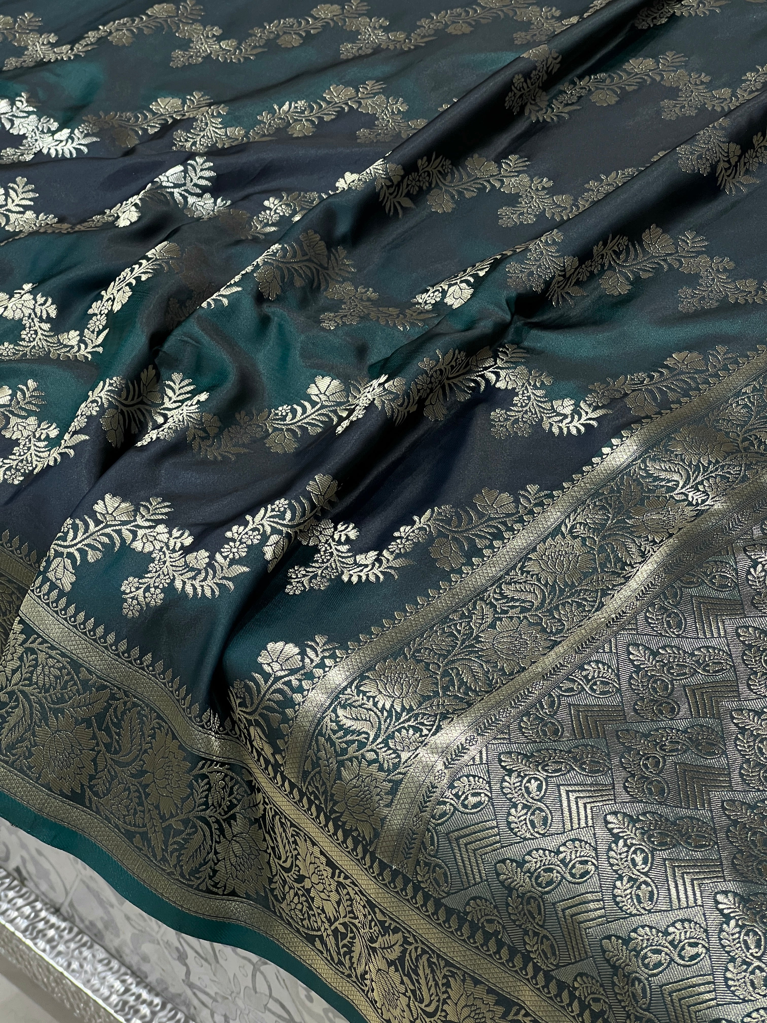 Green Banarasi Mashru Leheriya Saree
