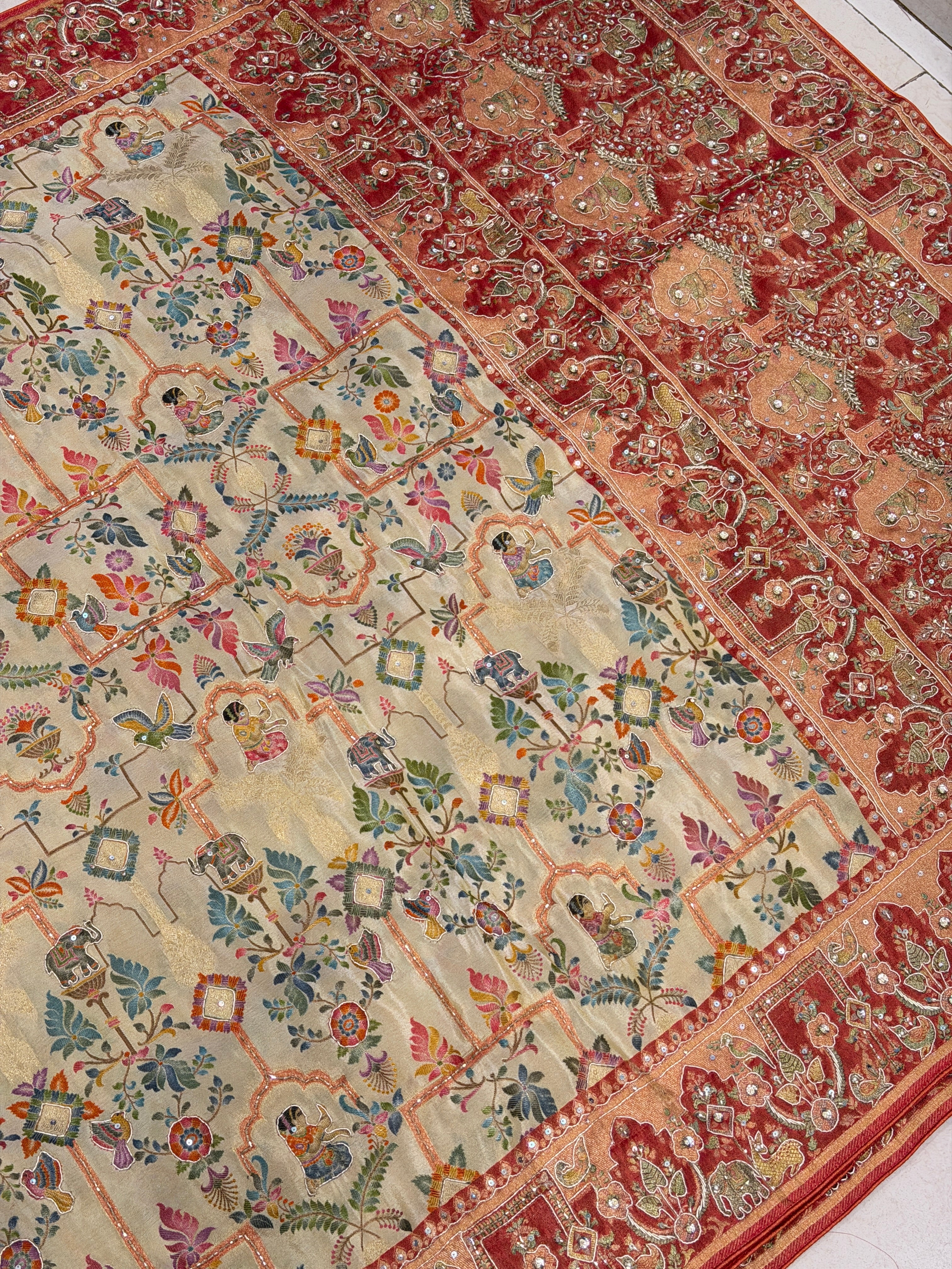 Beige Munga Tissue Weaved Pashmina Style Hand Embroidery Saree