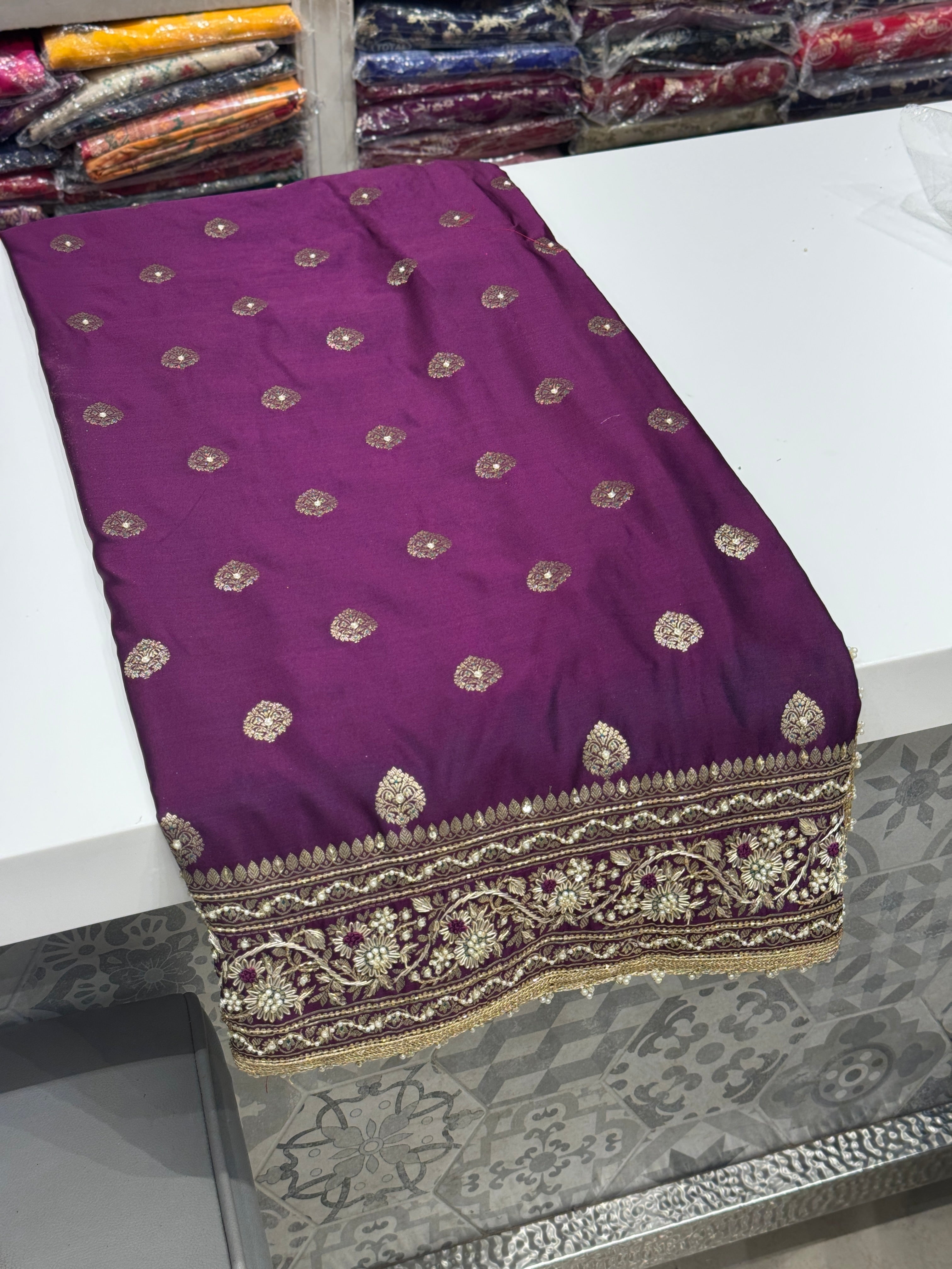 Violet Banarasi Silk Butta Hand Embroidery Saree