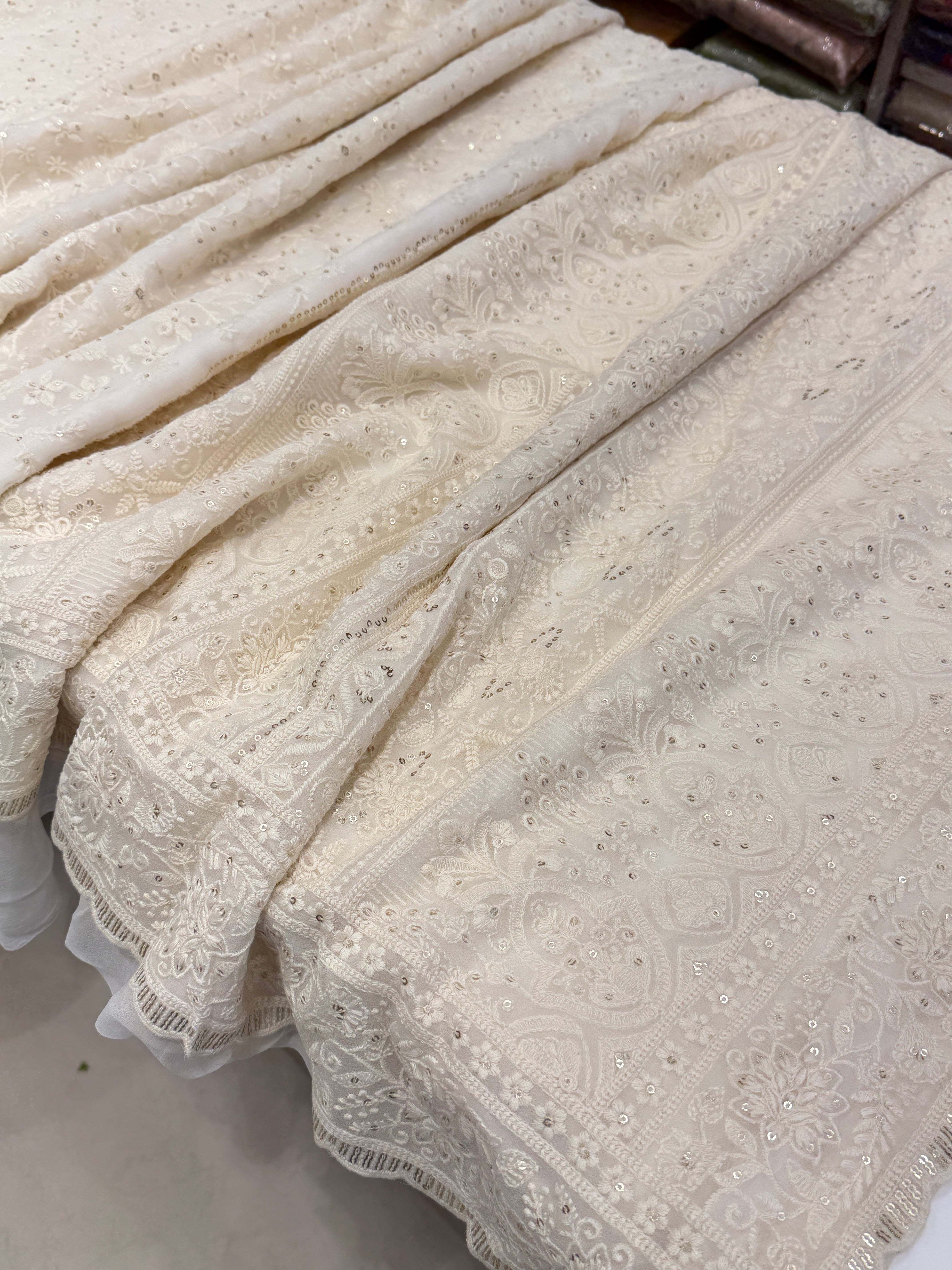 White Chikankari Georgette Floral Jaal Resham Sequin Embroidery Saree