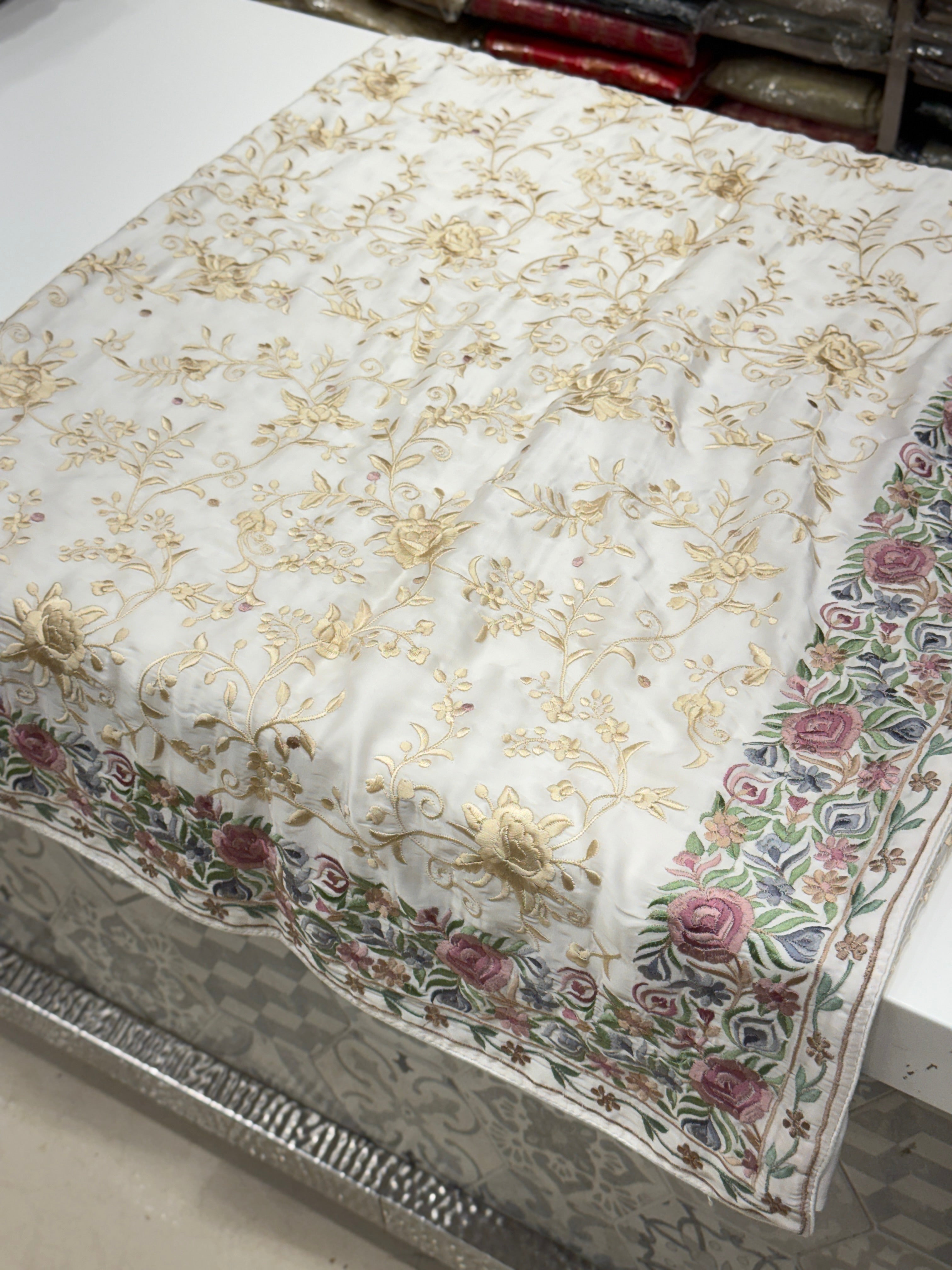 White Georgette Multi Colour Jaal Parsi Gara Saree