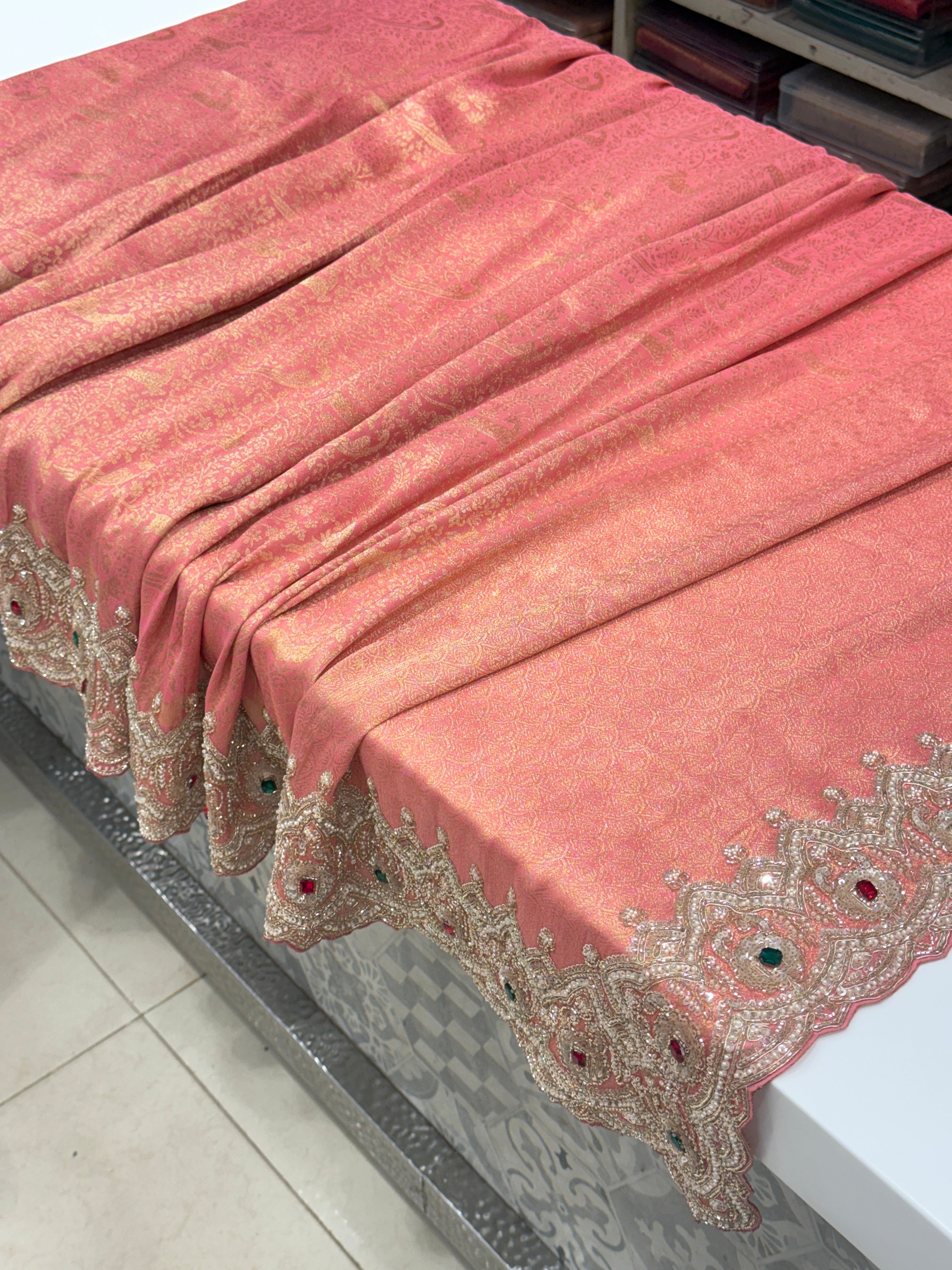 Peach Pink Tissue Crepe Shikara Style Weave Crystal Embroidery Saree