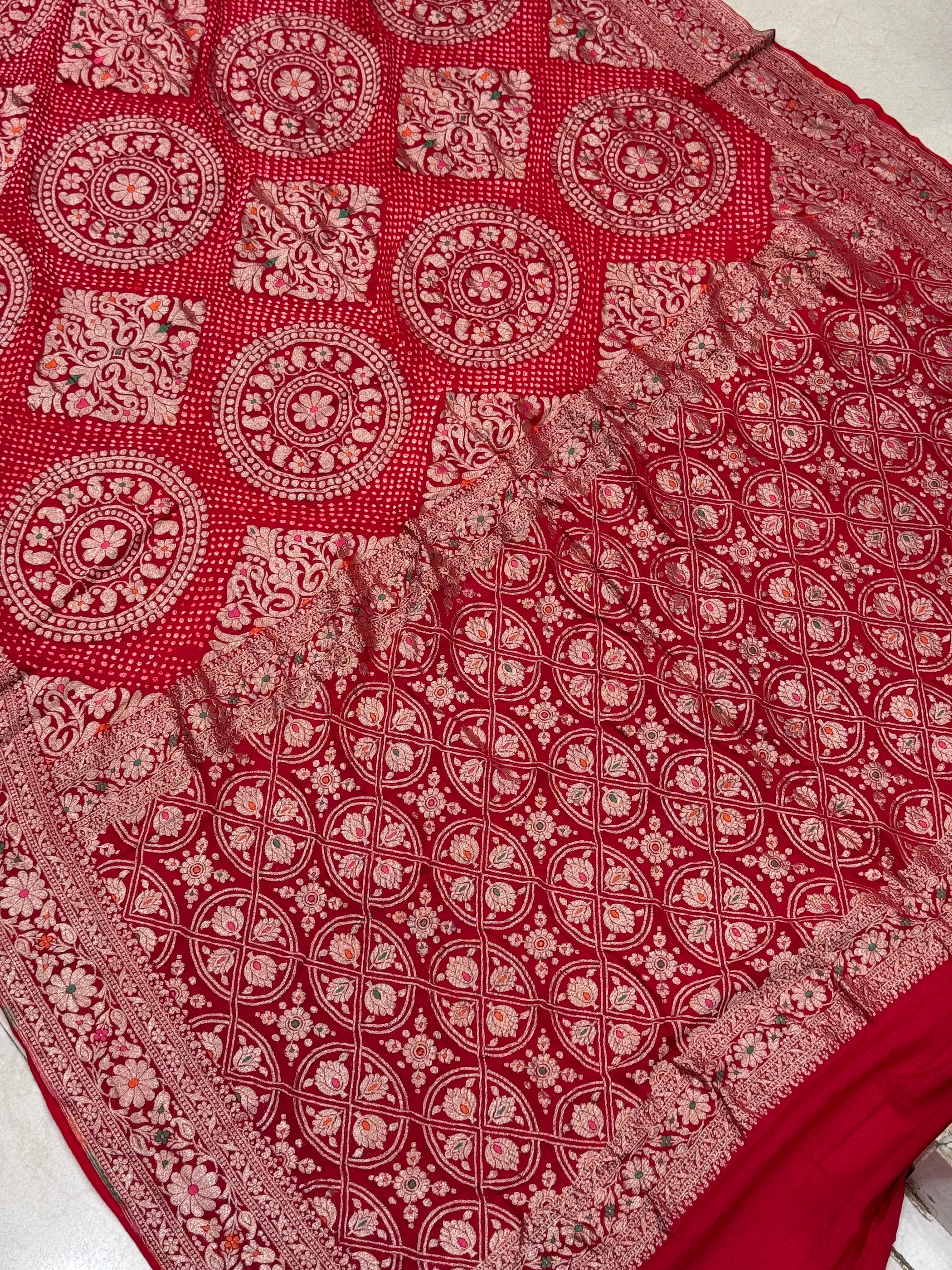 Red Rai Bandhej Weaved Handloom Georgette Saree