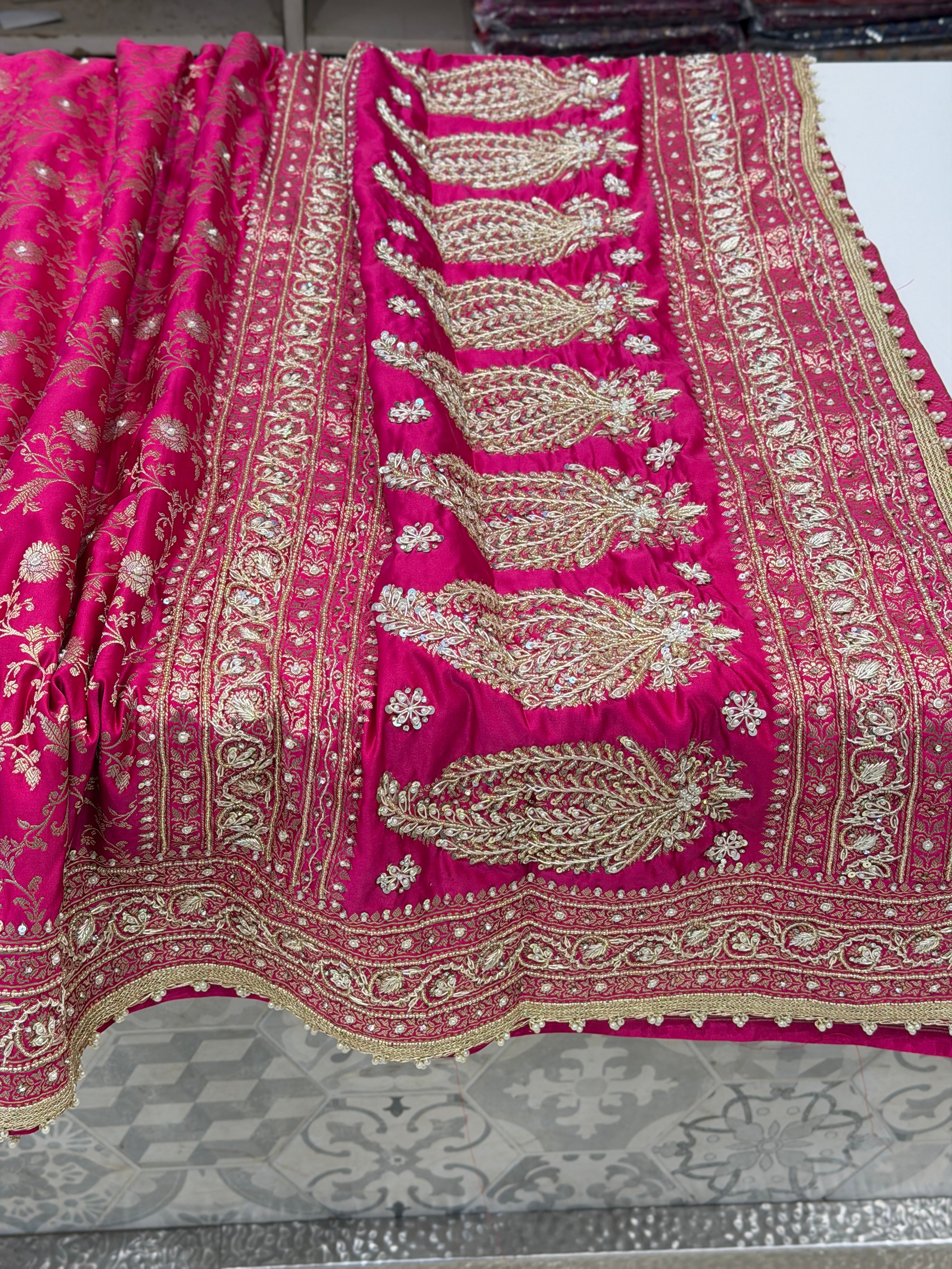Rani Pink Banarasi Sona Roopa Jaal Zardosi Hand Embroidery Saree