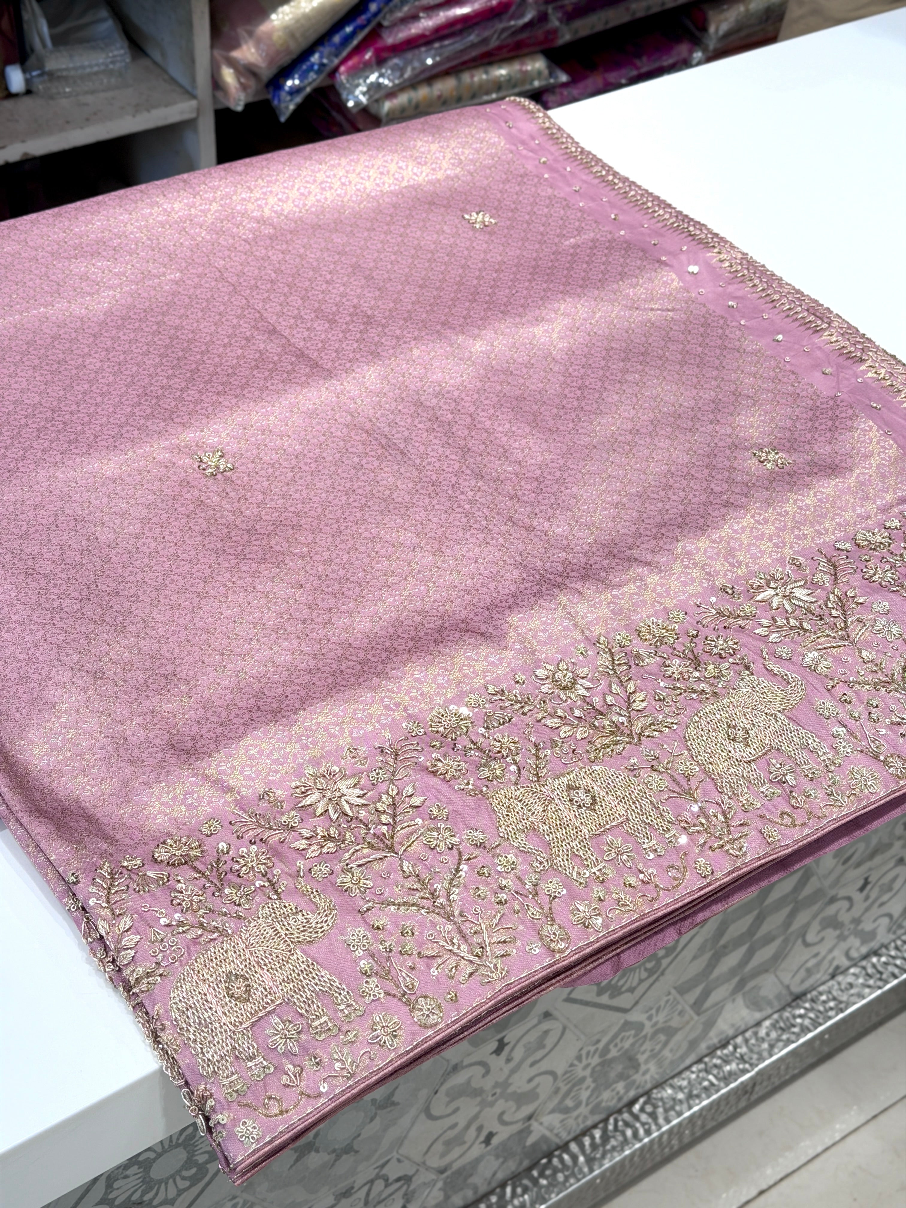 Light Pink Kanjivaram Elephant Motif Zardosi Hand Embroidery Saree