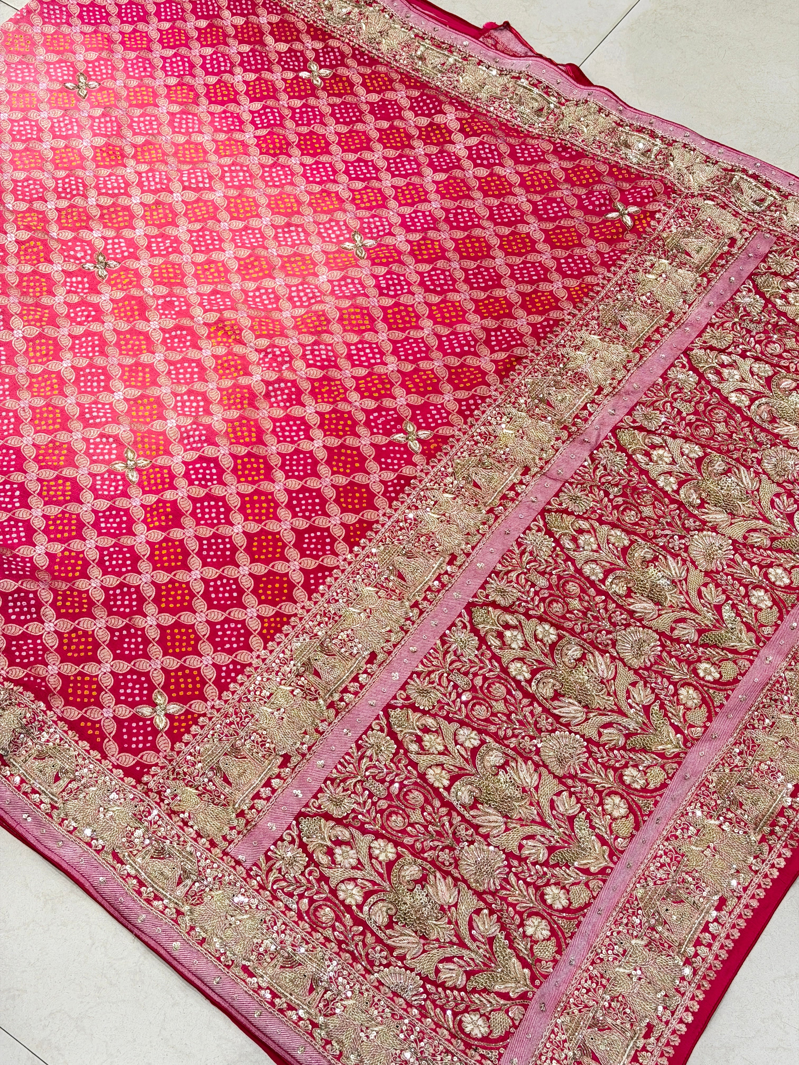 Strawberry Shaded Bandhej Zardodi Doli Edit Hand Embroidery Saree