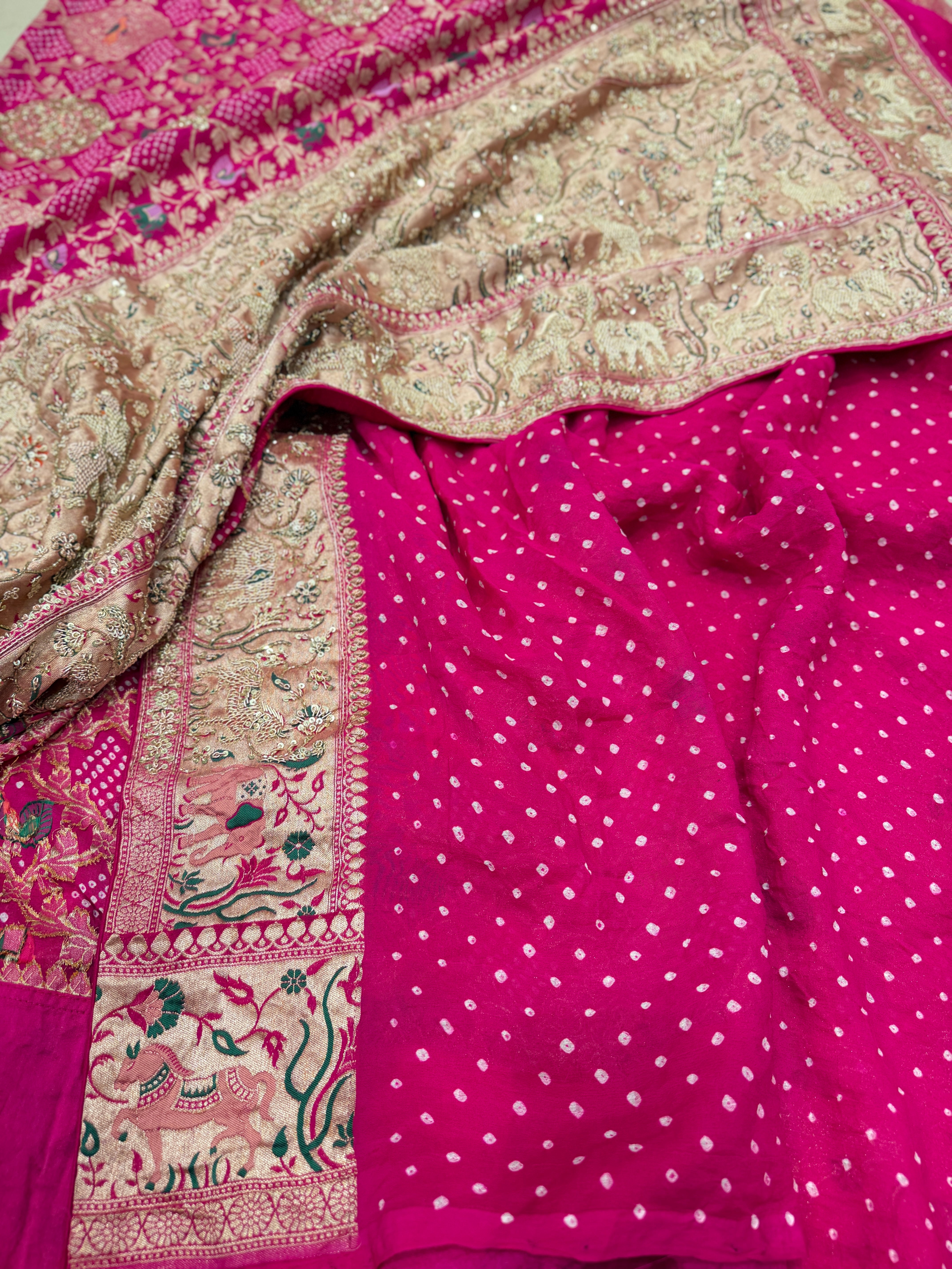 Rani Meenakari Rai Bandhej Saree Elephant Motif Zardosi Hand Embroidery