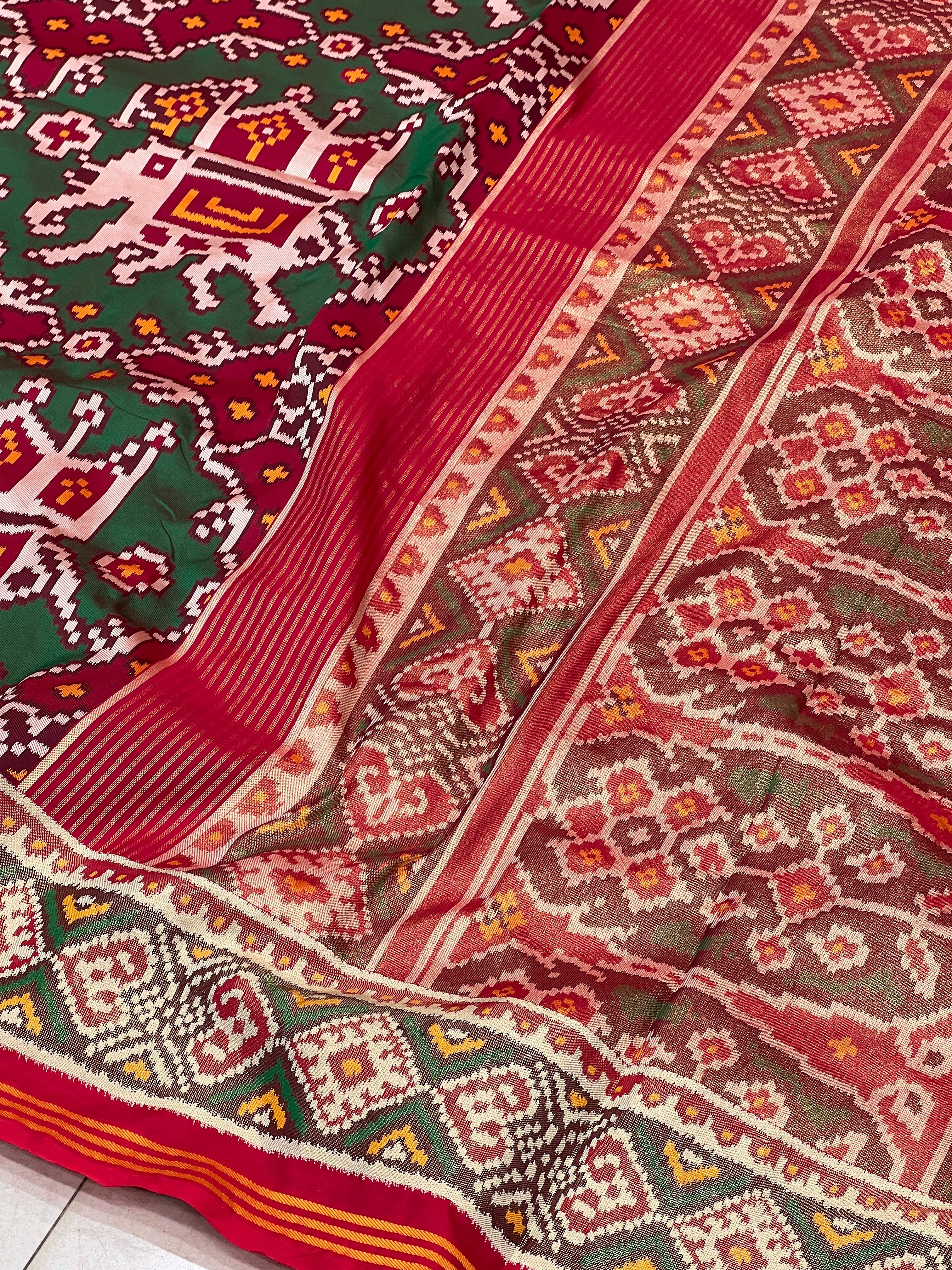 Maroon Green Chabdi Elephant Semi Silk Weaved Patan Patola Saree