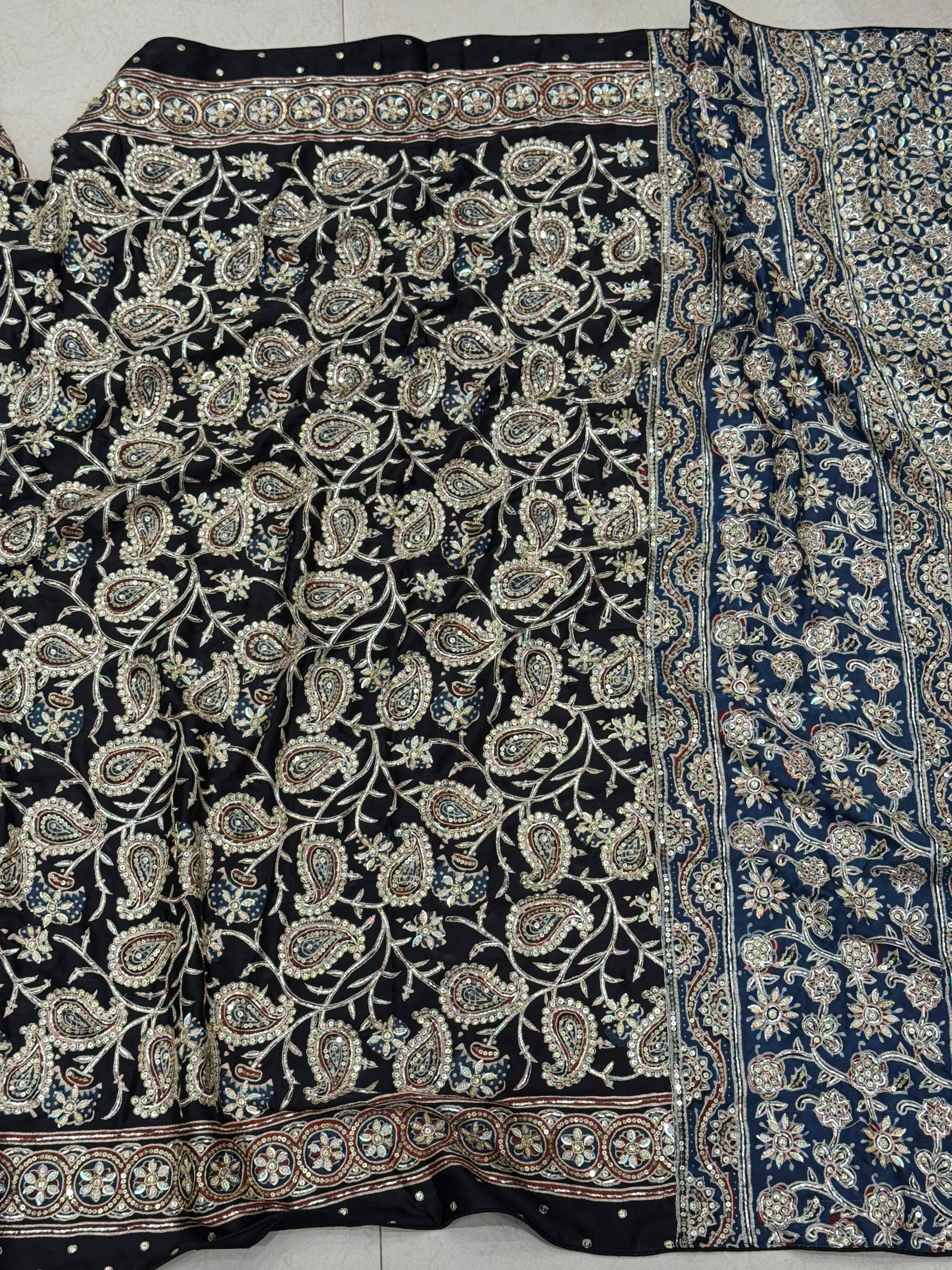 Black Blue Pallu Ajrakh Badam Jaal Hand Embroidery Zardosi and Pita Work