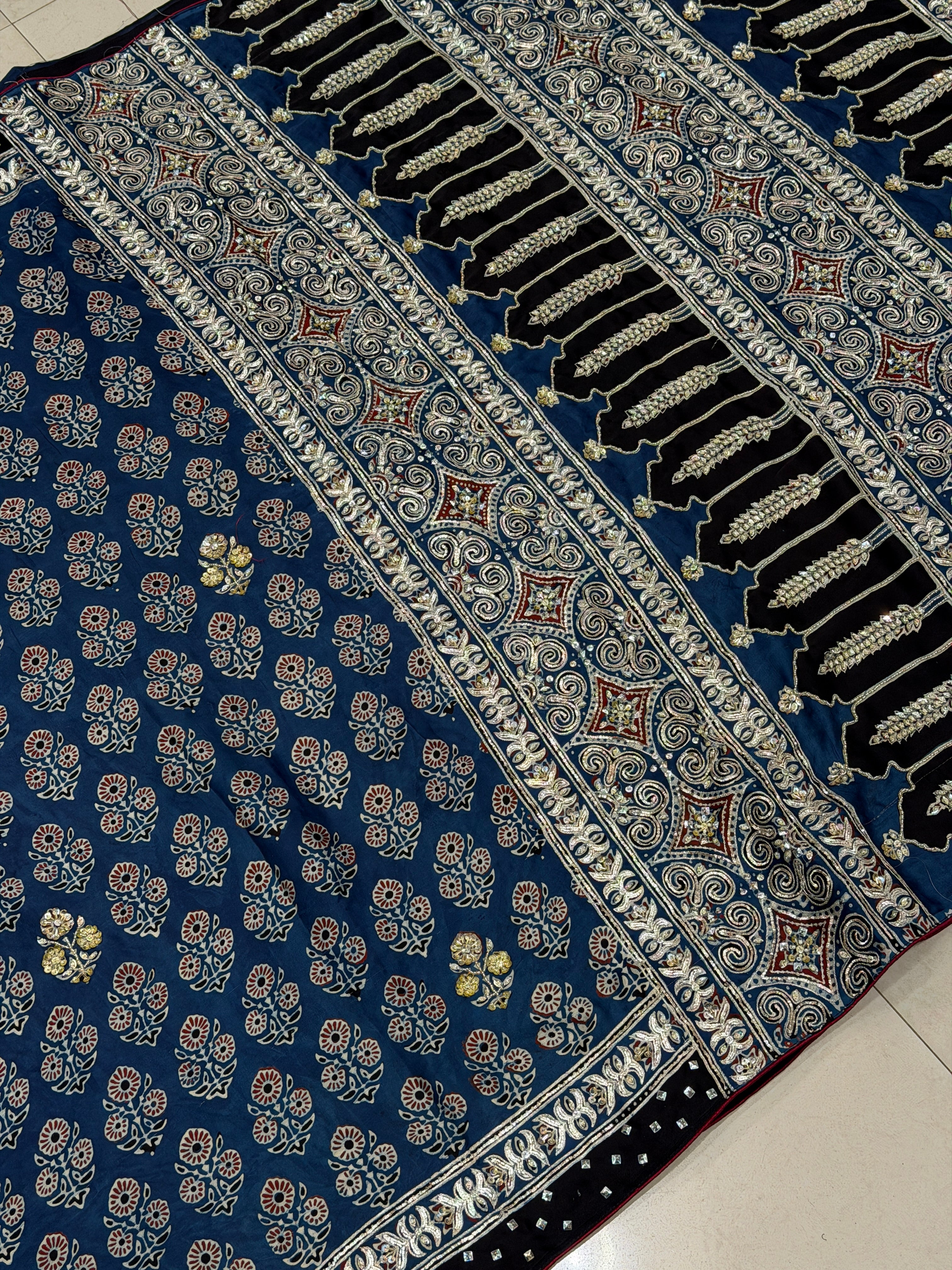 Blue Buttas Pita Zardosi Sequin Ajrakh Hand Embroidery Saree