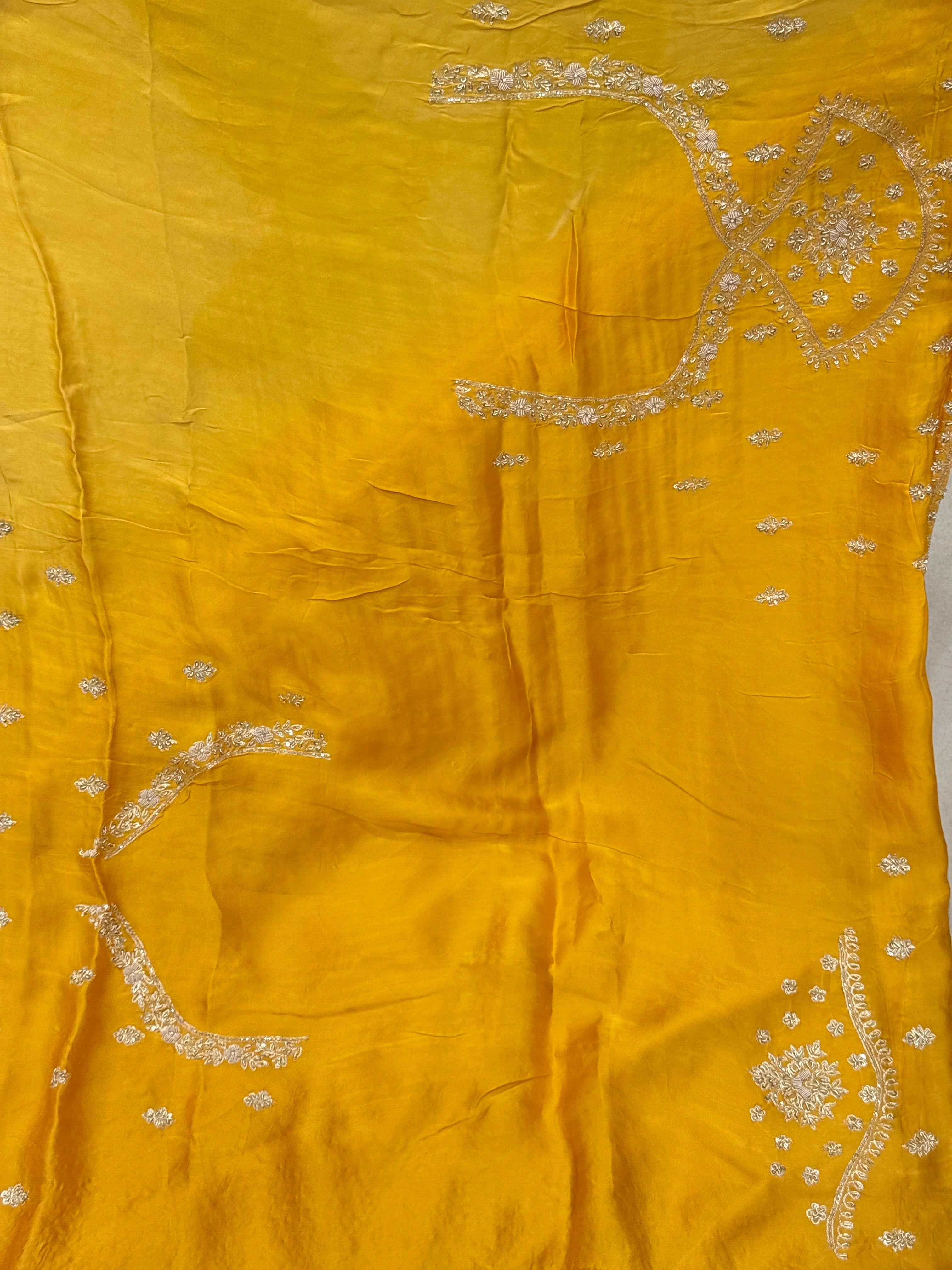 Mustard Yellow Buttis Pure Satin Hand Embroidery Zardosi Saree