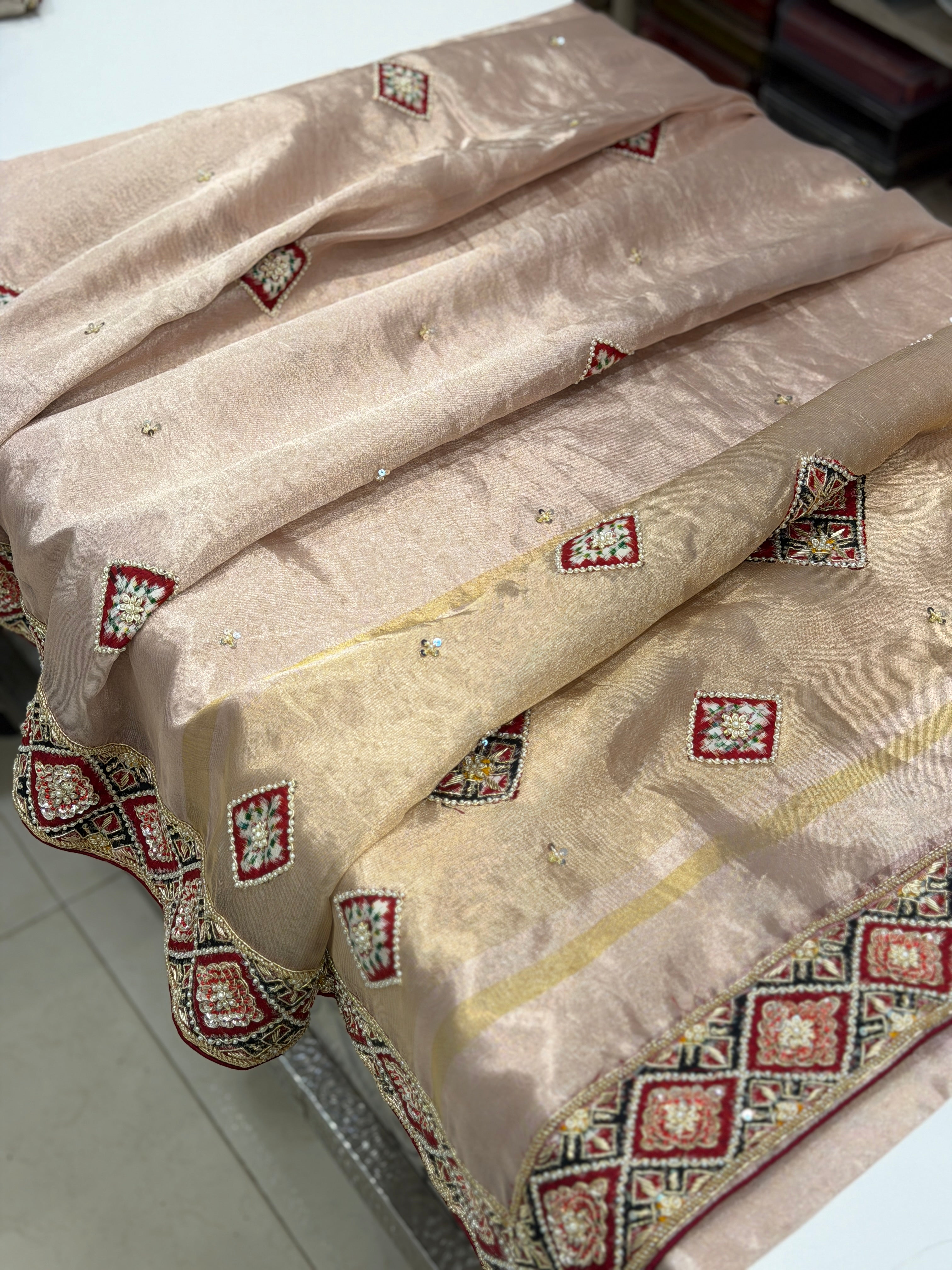 Pink Pure Tissue Patan Patola Patch Hand Embroidery Saree