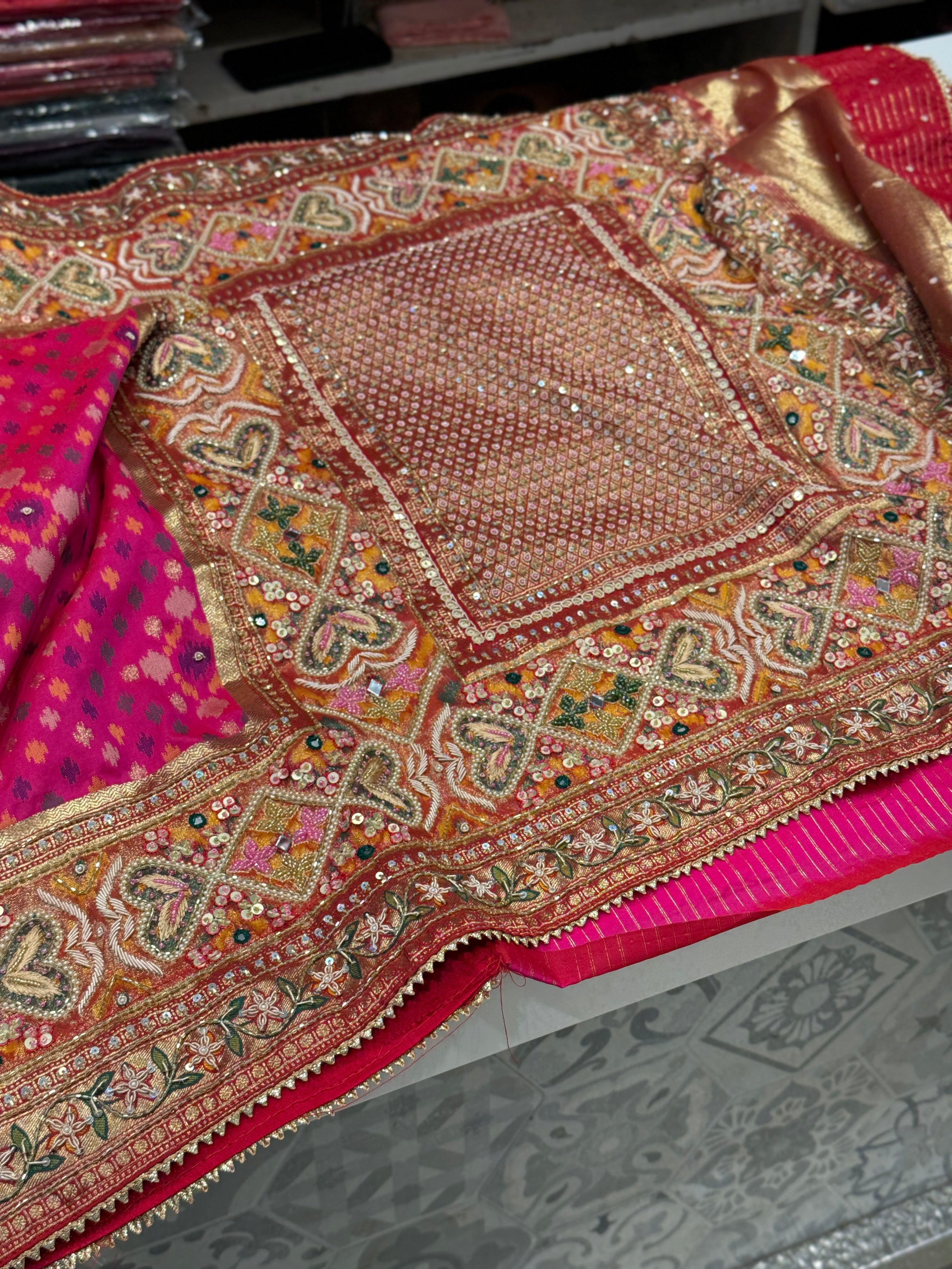 Rani Banarasi Patola Moti Zardosi Hand Embroidery Saree