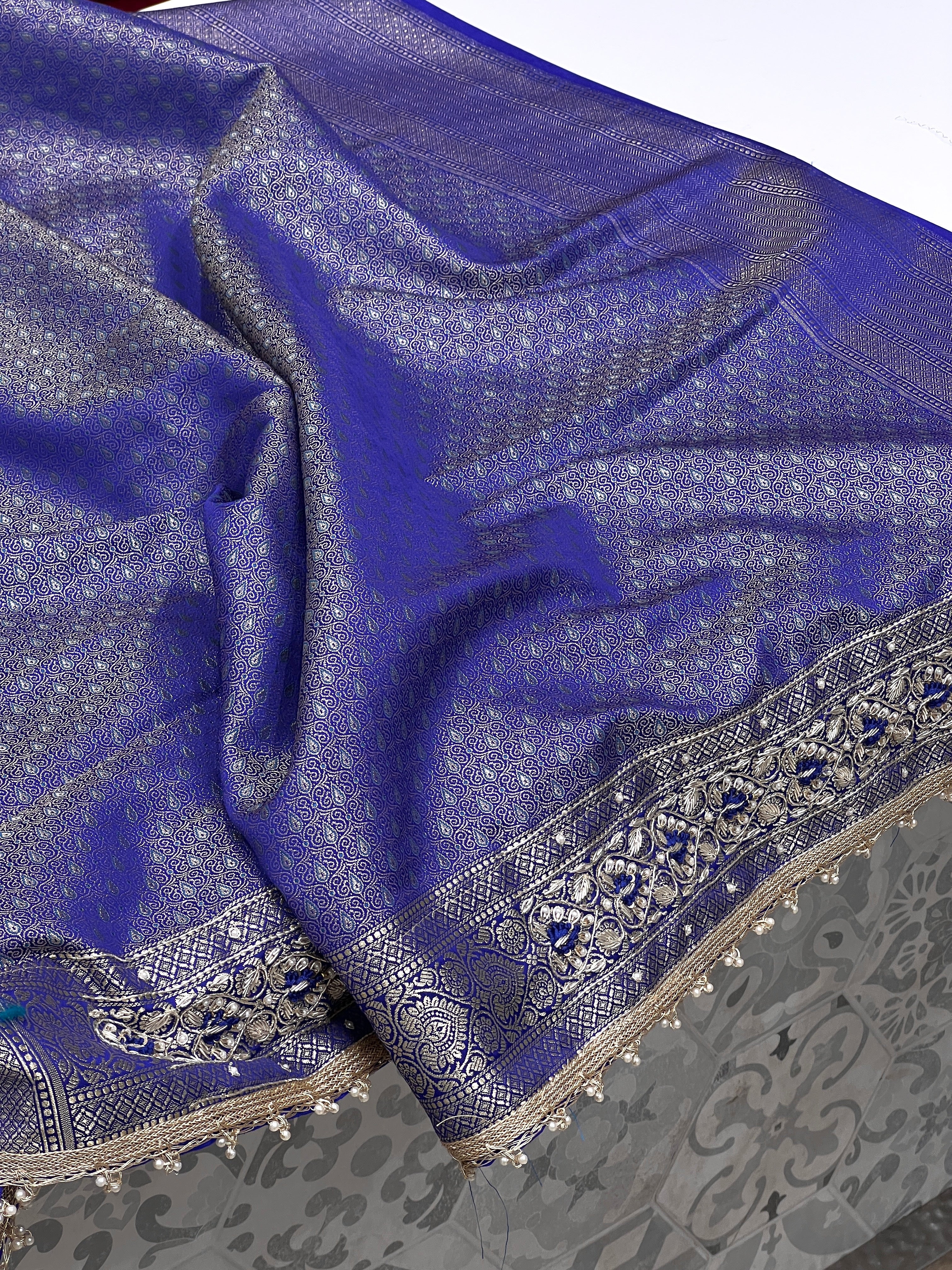 Ink Blue Banarasi Silk Resham Hand Embroidery Saree