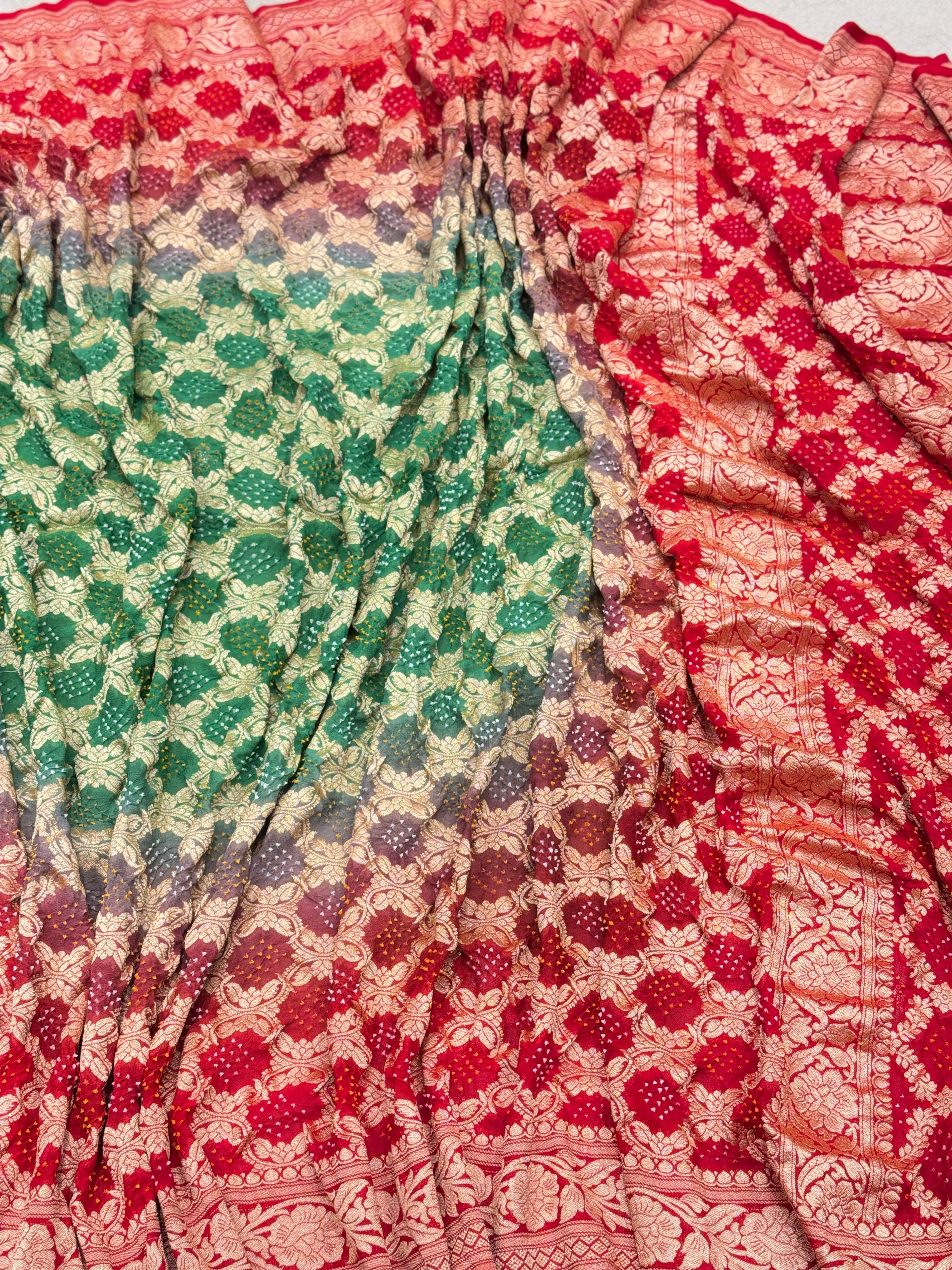 Red Green Shaded Bandhej Shaded Saree