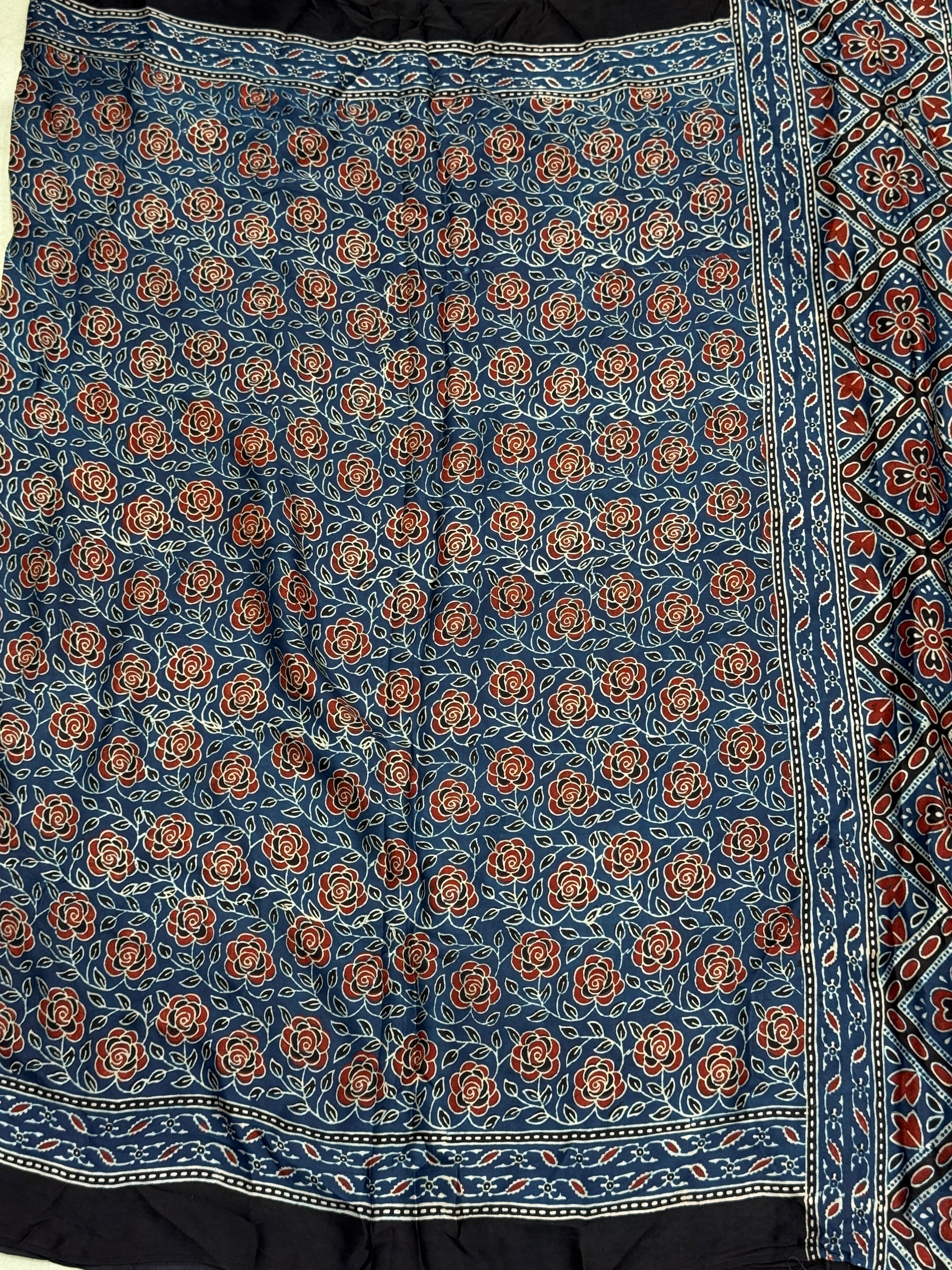 Blue Rose Ajrakh Hand Block Print Pure Gajji Silk Saree