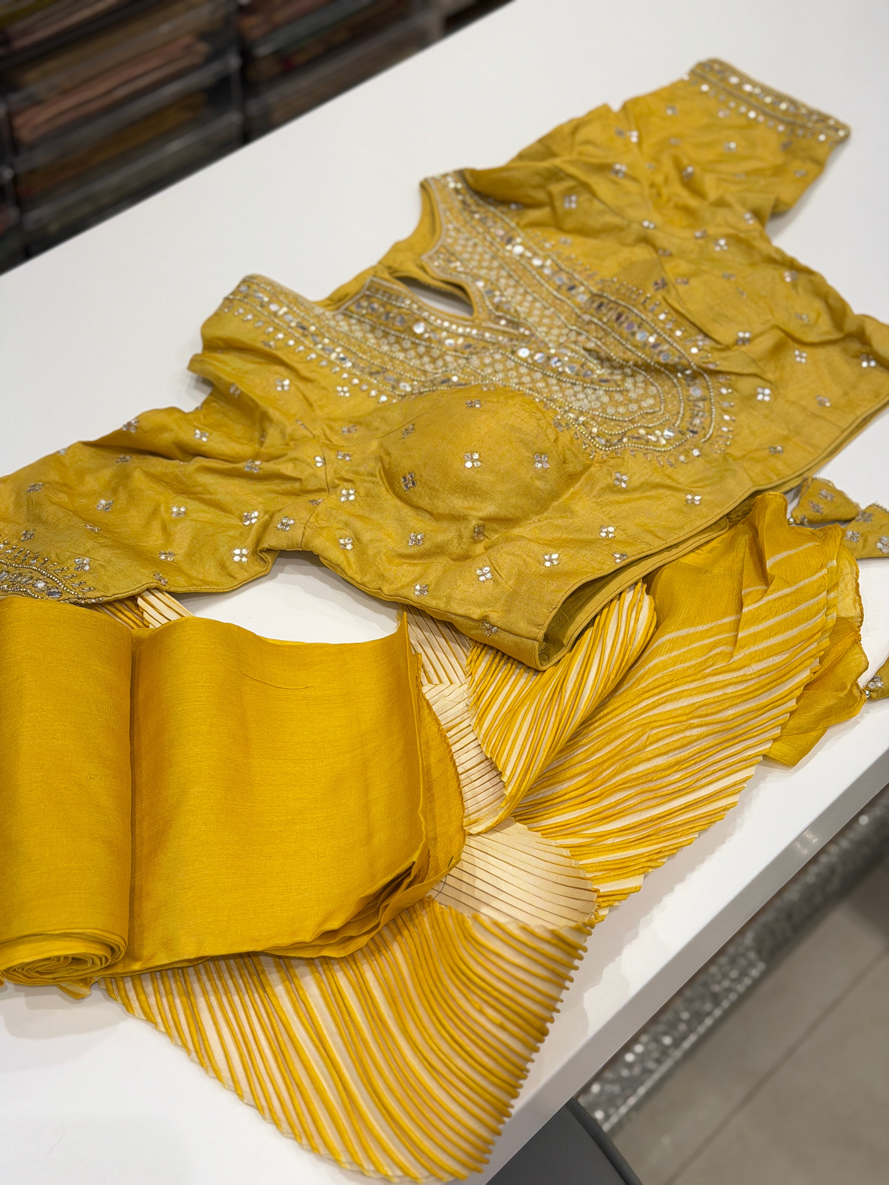 Yellow Crushed Tussor Arashi Shibori Dye with Moti Embroidery Ready Blouse Saree