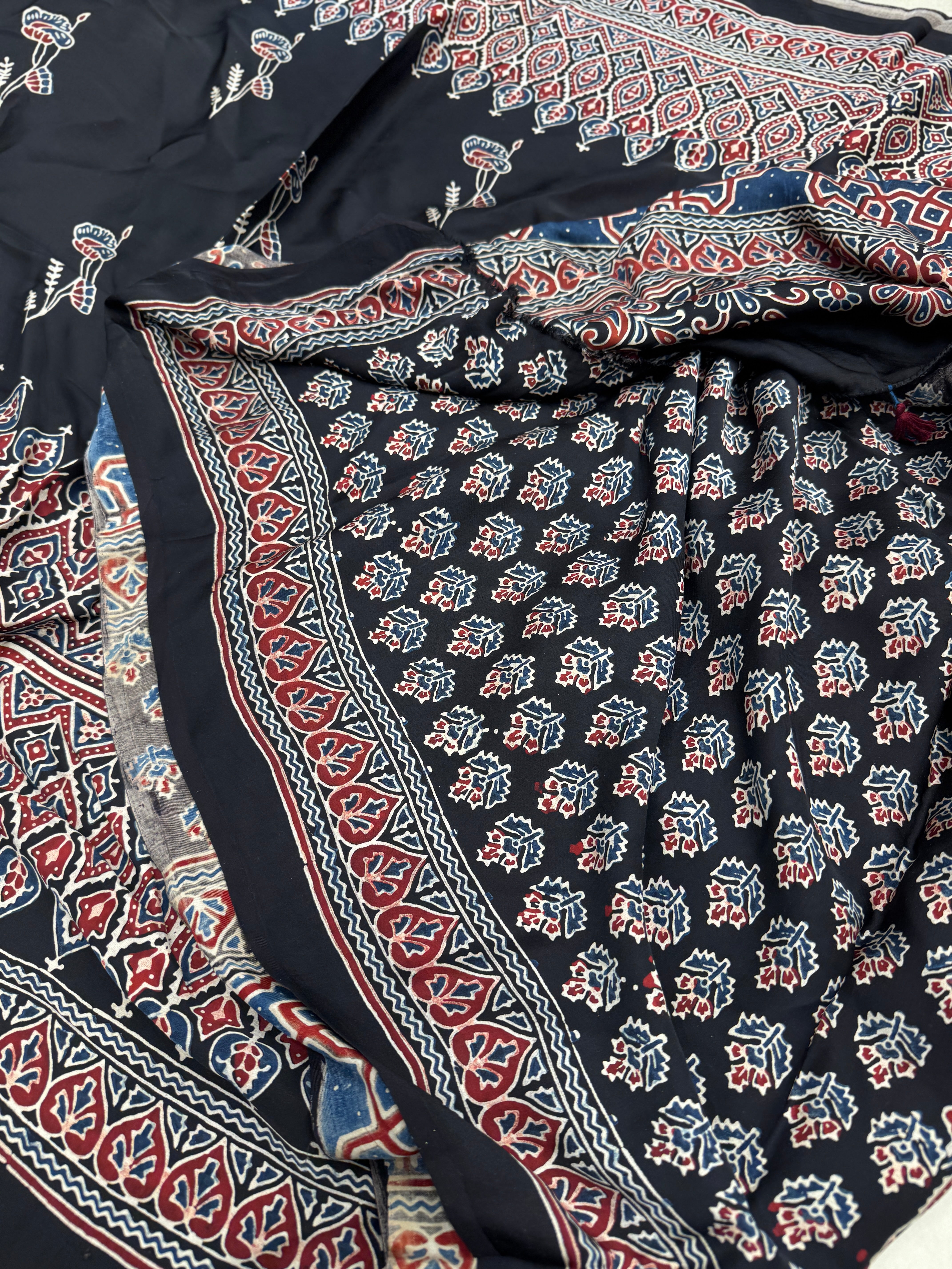 Black Contemporary Ajrakh Hand Block Print Pure Gajji Silk Saree