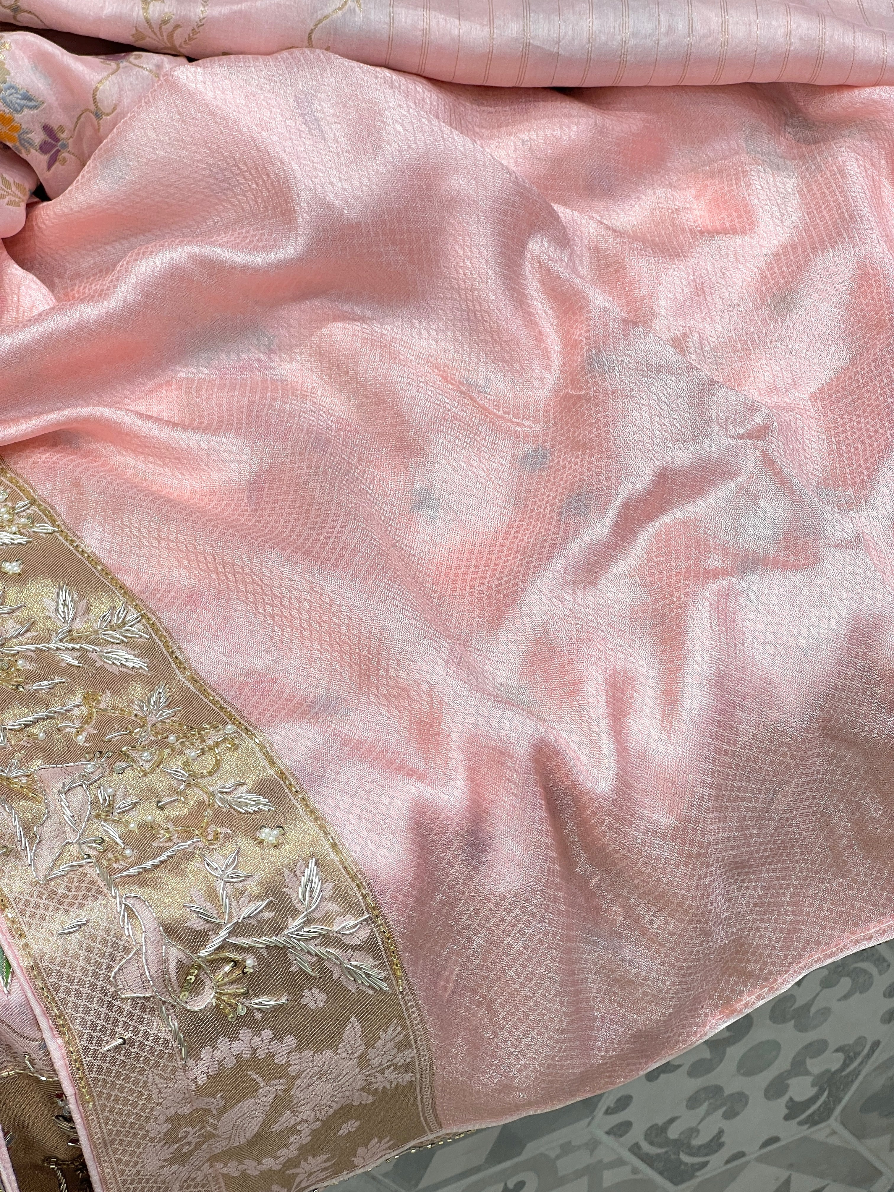 Pink Banarasi Munga Shikara Zardozi Hand Embroidery Saree
