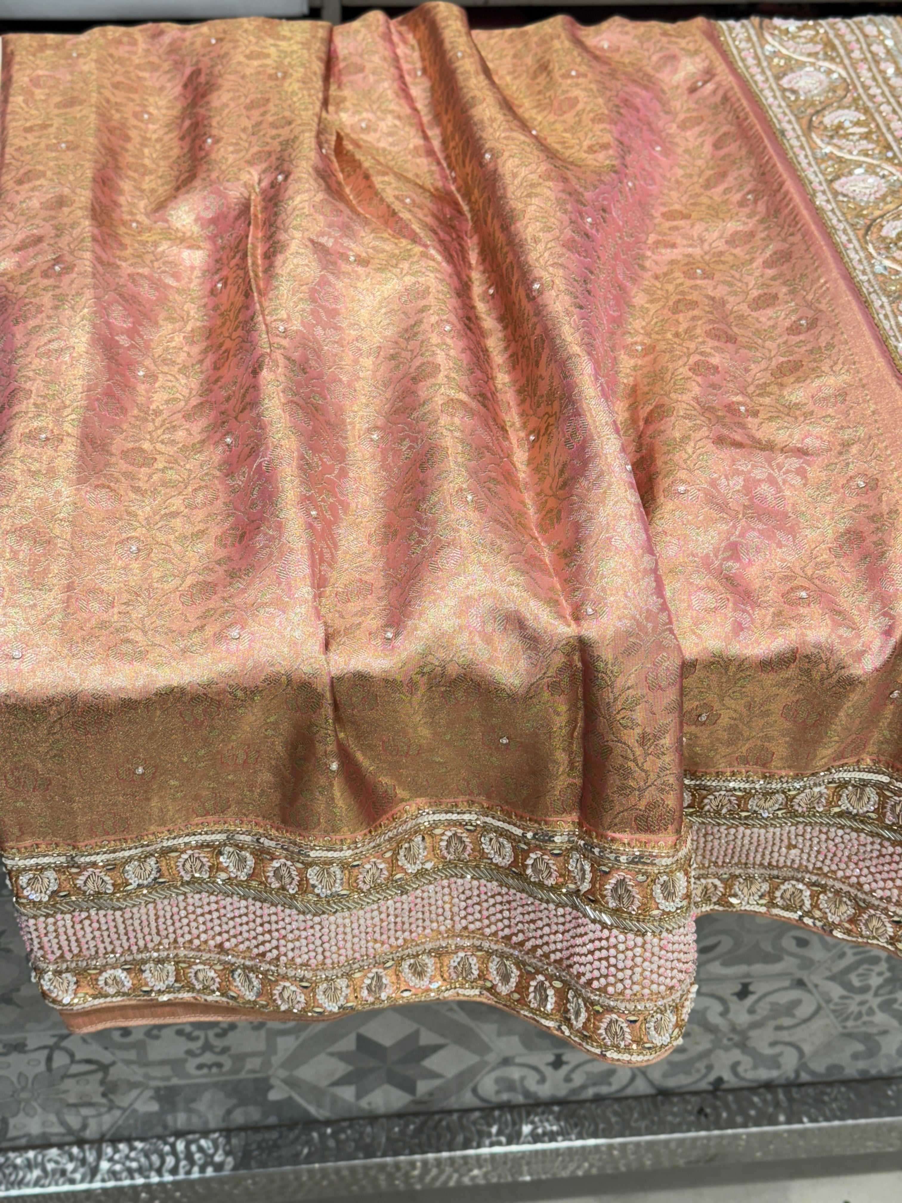 Pink Jaal Tissue Kanjivaram Hand Embroidery Saree