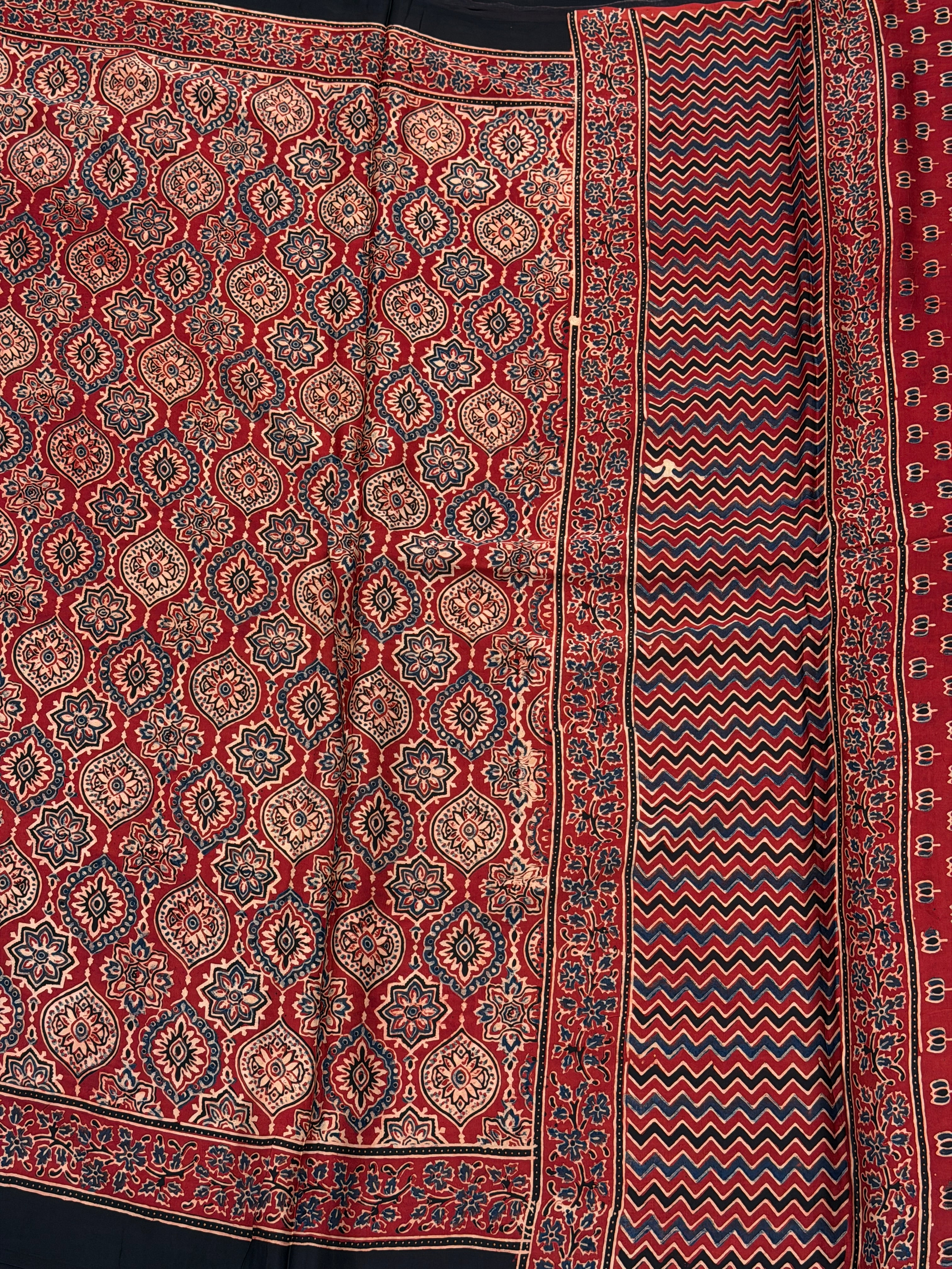 Red Badam Jaal Ajrakh Block Print Hand Pure Gajji Silk Saree