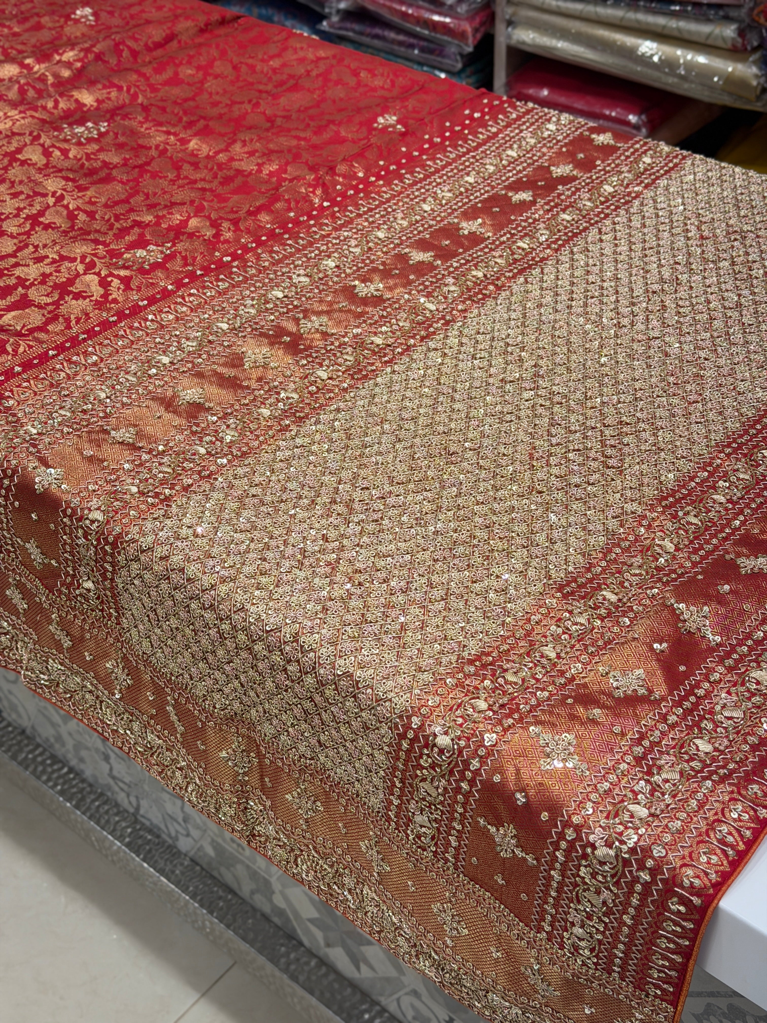 Maroonish Red Shikara Kanjivaram Hand Embroidery Zardosi Saree