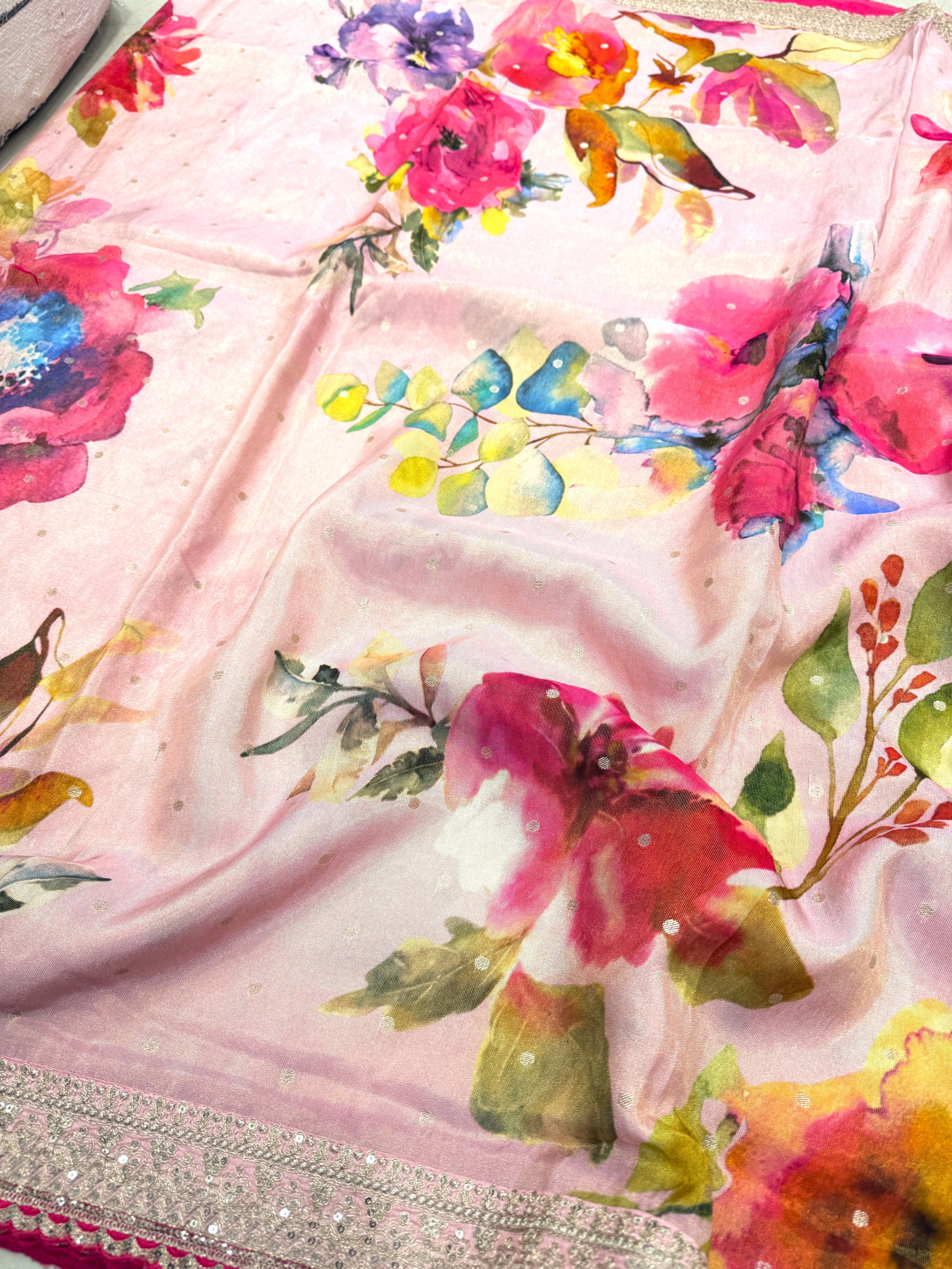 Pink Printed Crepe Tissue Sabyasachi Inspired Border Saree