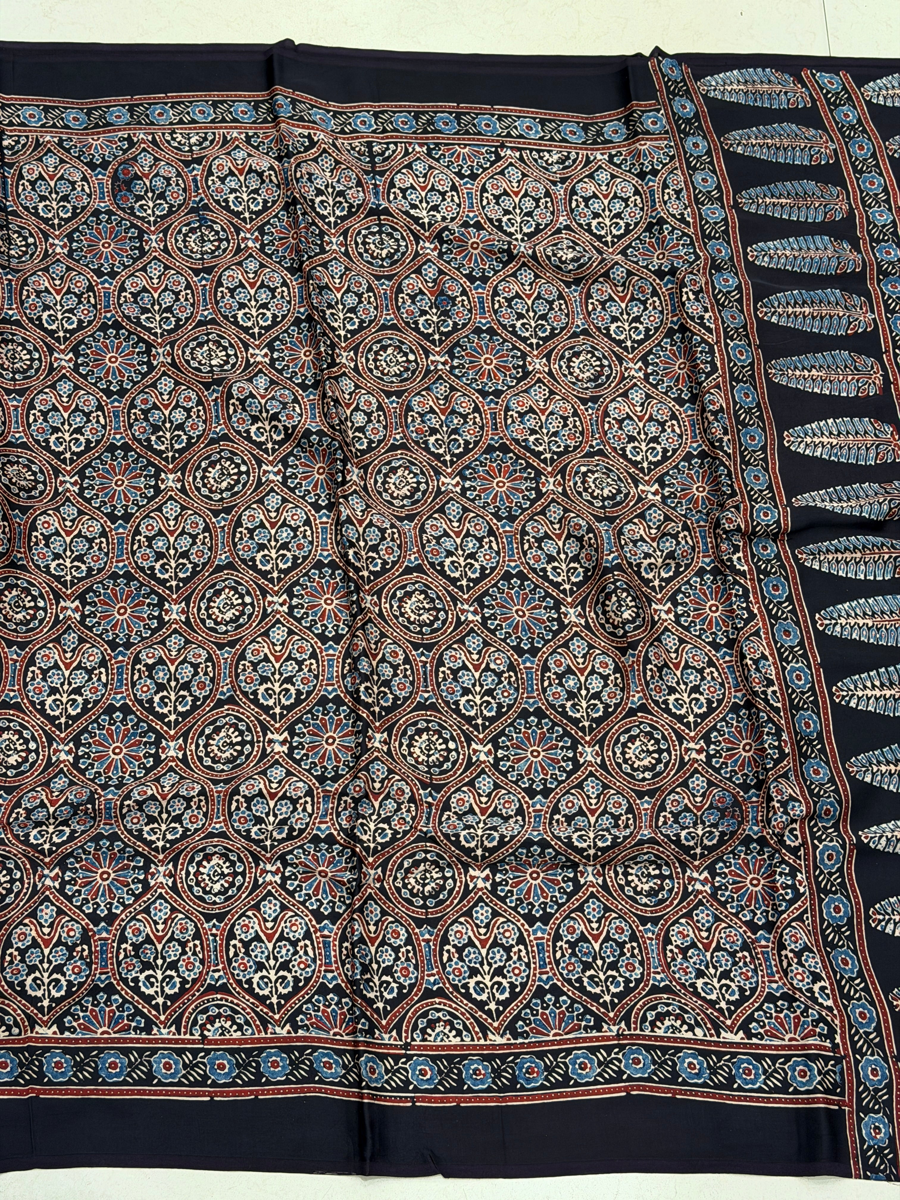 Black Coated Flower Butti Ajrakh Hand Block Print Pure Modal Silk Saree